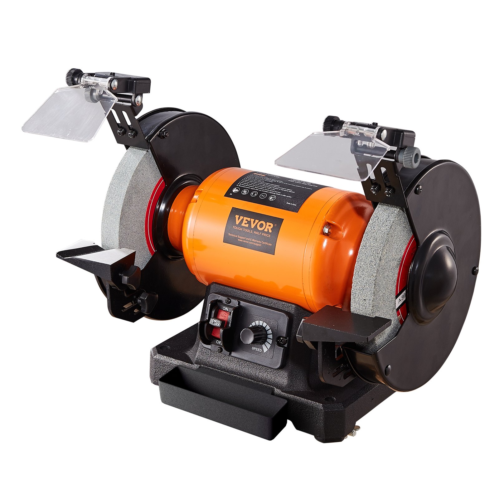 Amoladora de banco VEVOR con muelas abrasivas dobles, protectores de seguridad ajustables y control de velocidad variable.