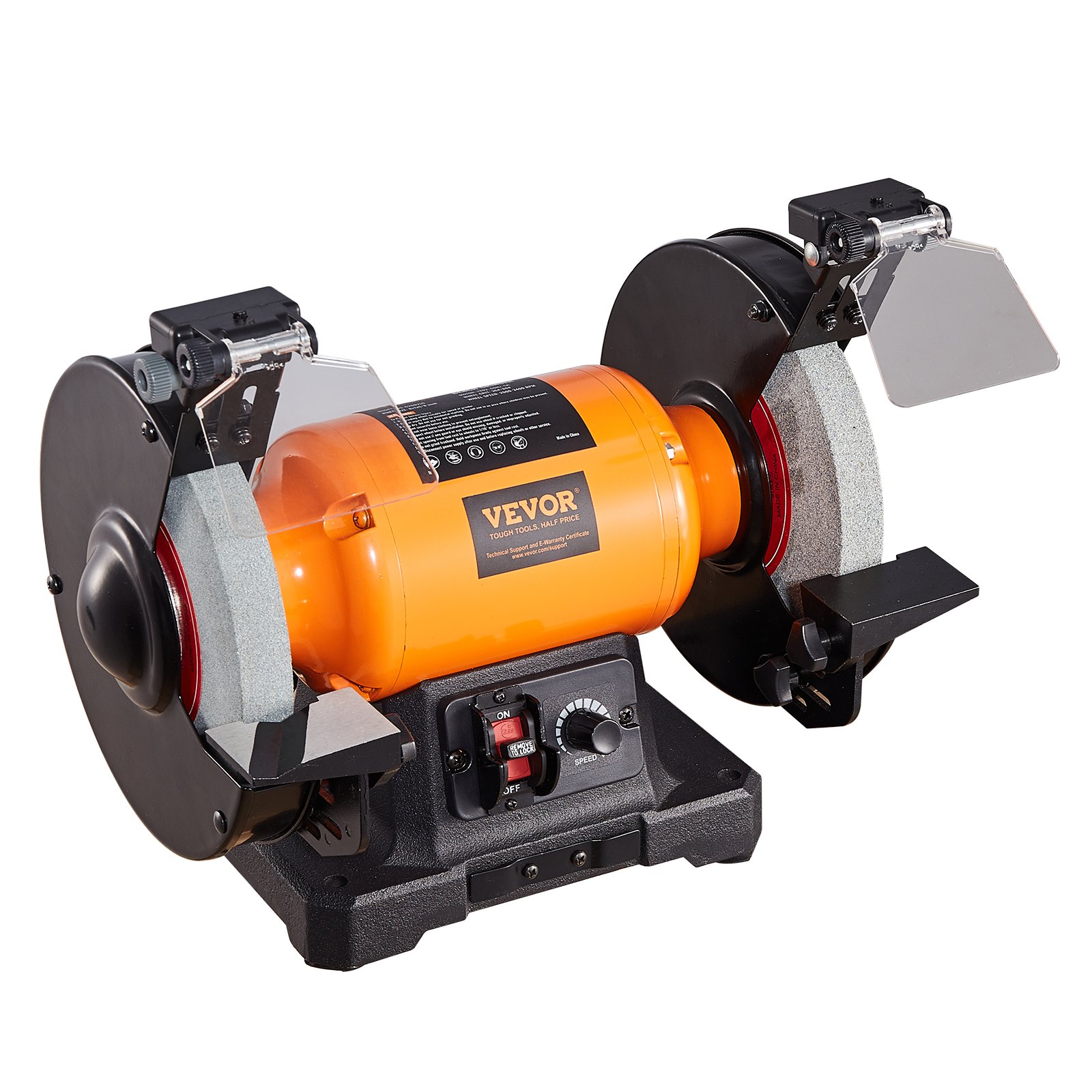 Amoladora de banco VEVOR con muelas abrasivas dobles, protectores, cuerpo naranja y configuraciones de velocidad ajustables.