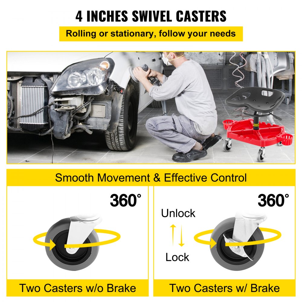 Taburete de garaje con ruedas VEVOR con ruedas giratorias de 4 pulgadas para un movimiento suave y control.