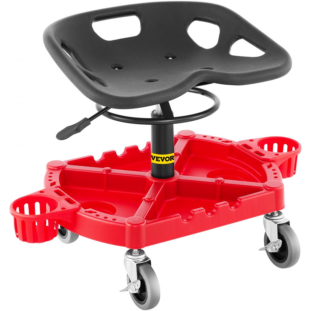 Taburete de garaje con ruedas VEVOR con asiento negro, bandeja de almacenamiento roja y ruedas giratorias.
