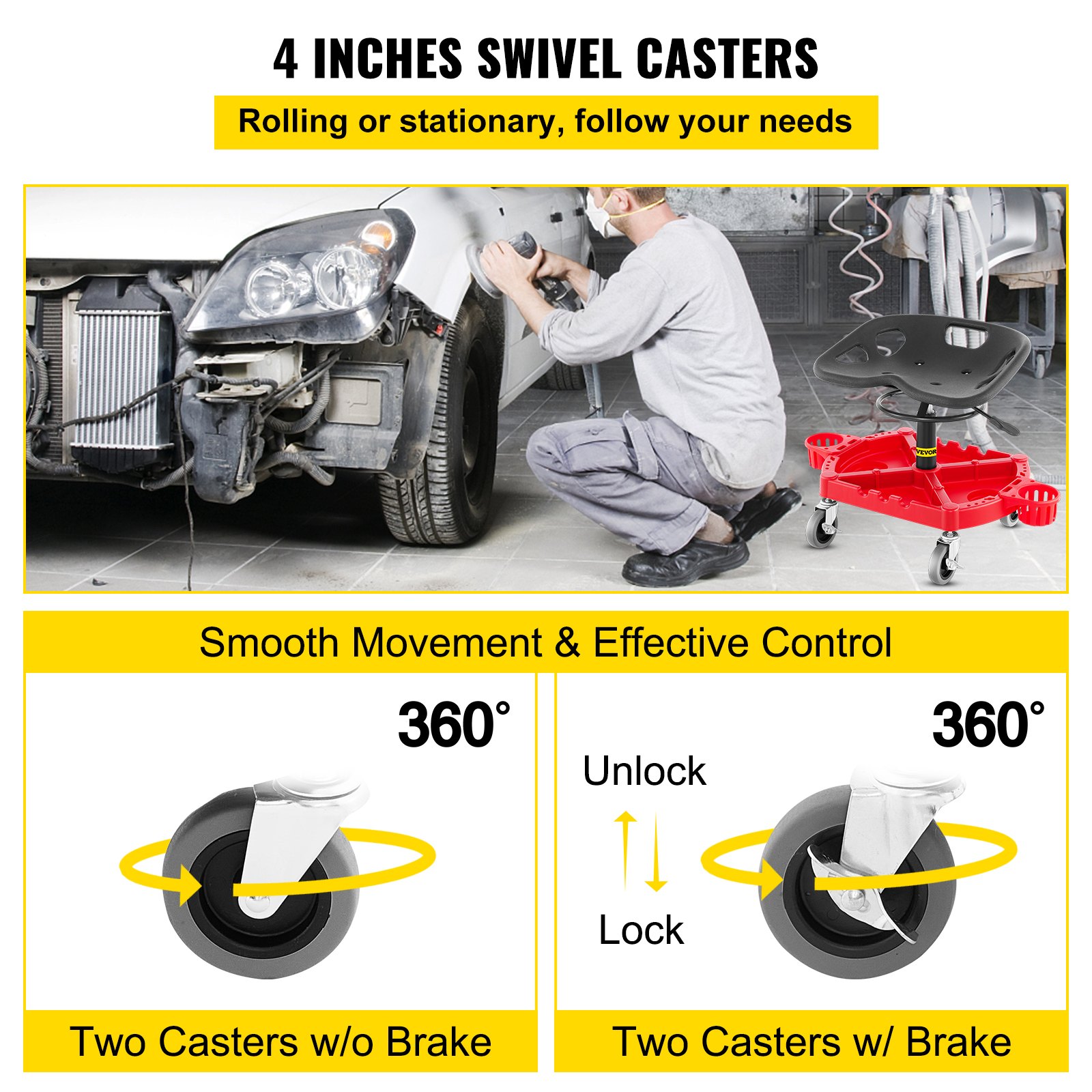 Taburete de garaje con ruedas VEVOR con ruedas giratorias de 4 pulgadas para un movimiento suave y control.