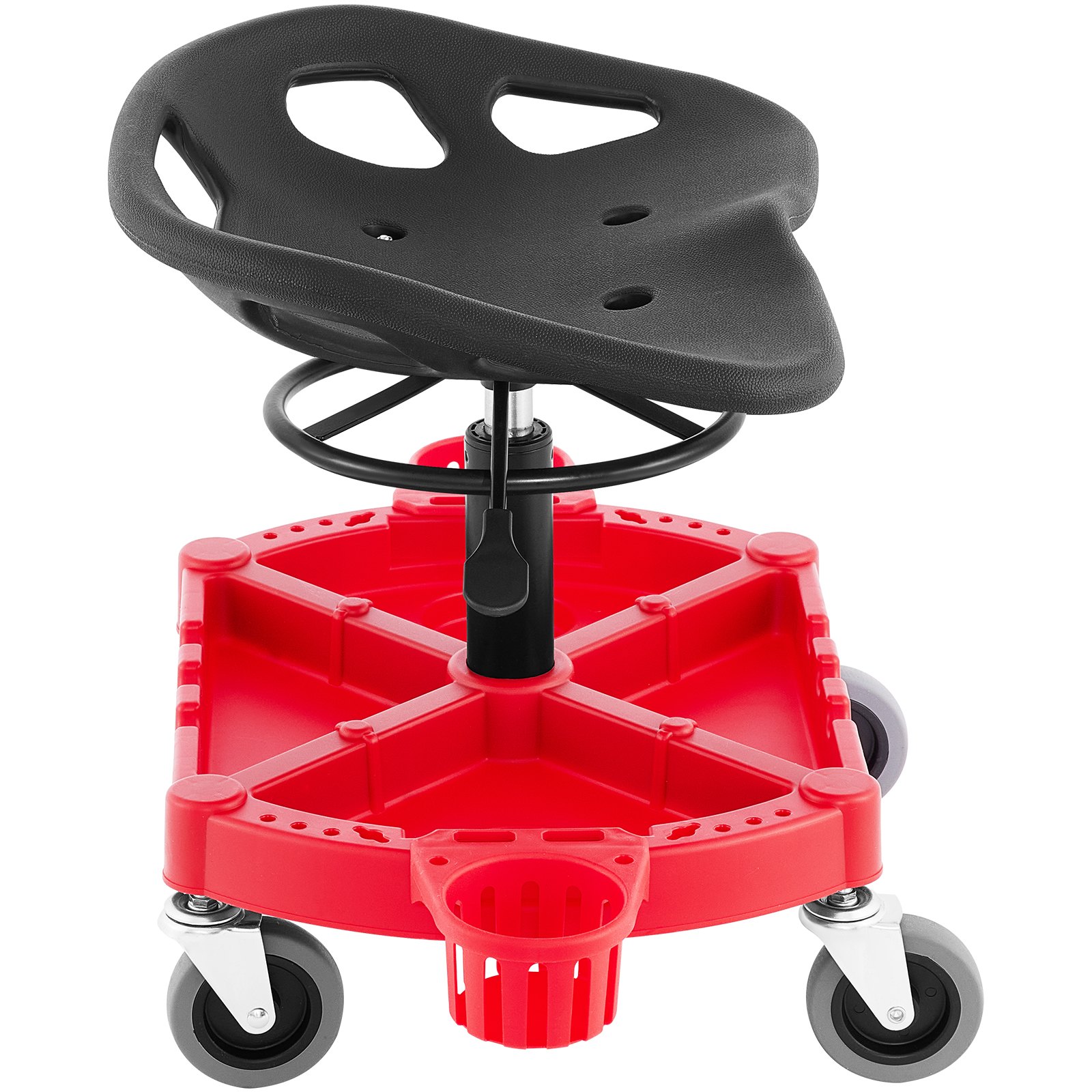 Taburete de garaje con ruedas VEVOR con asiento negro, bandeja roja y ruedas giratorias.