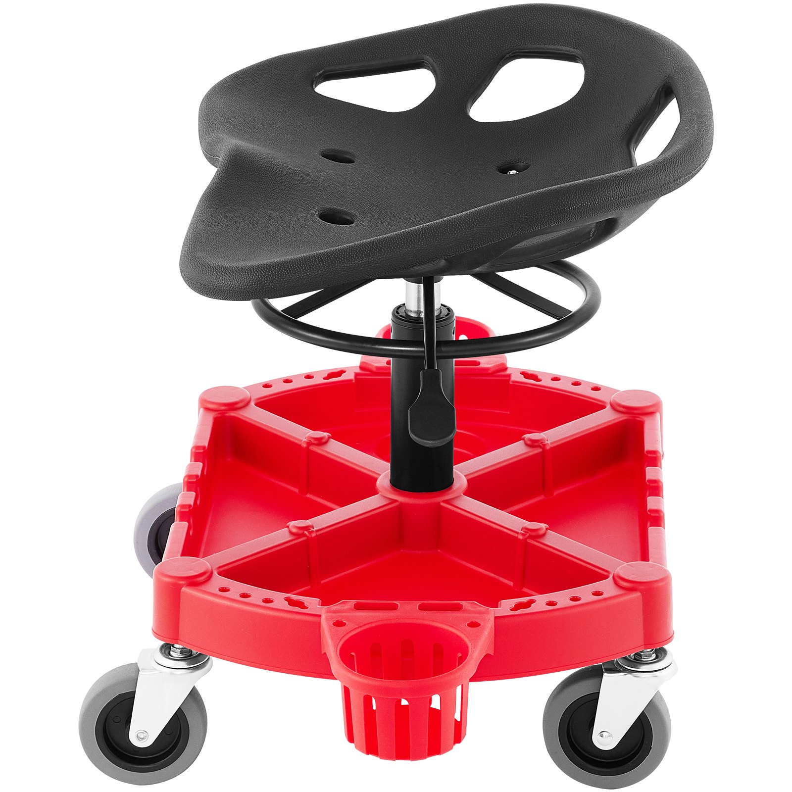 Taburete de garaje con ruedas VEVOR con asiento negro, base roja y ruedas giratorias.
