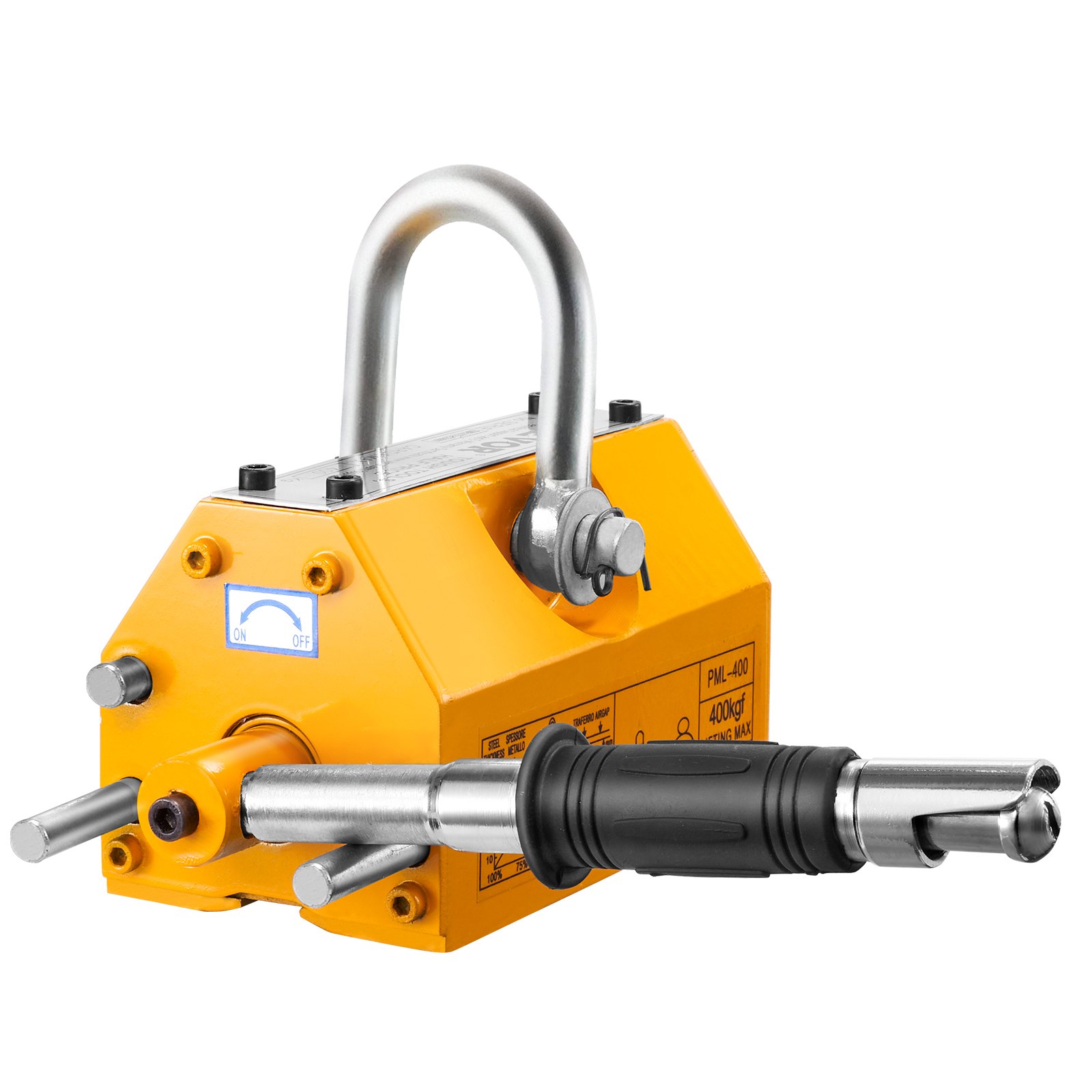 Elevador magnético VEVOR amarillo pml-400 con asa, gancho y palanca de accionamiento.