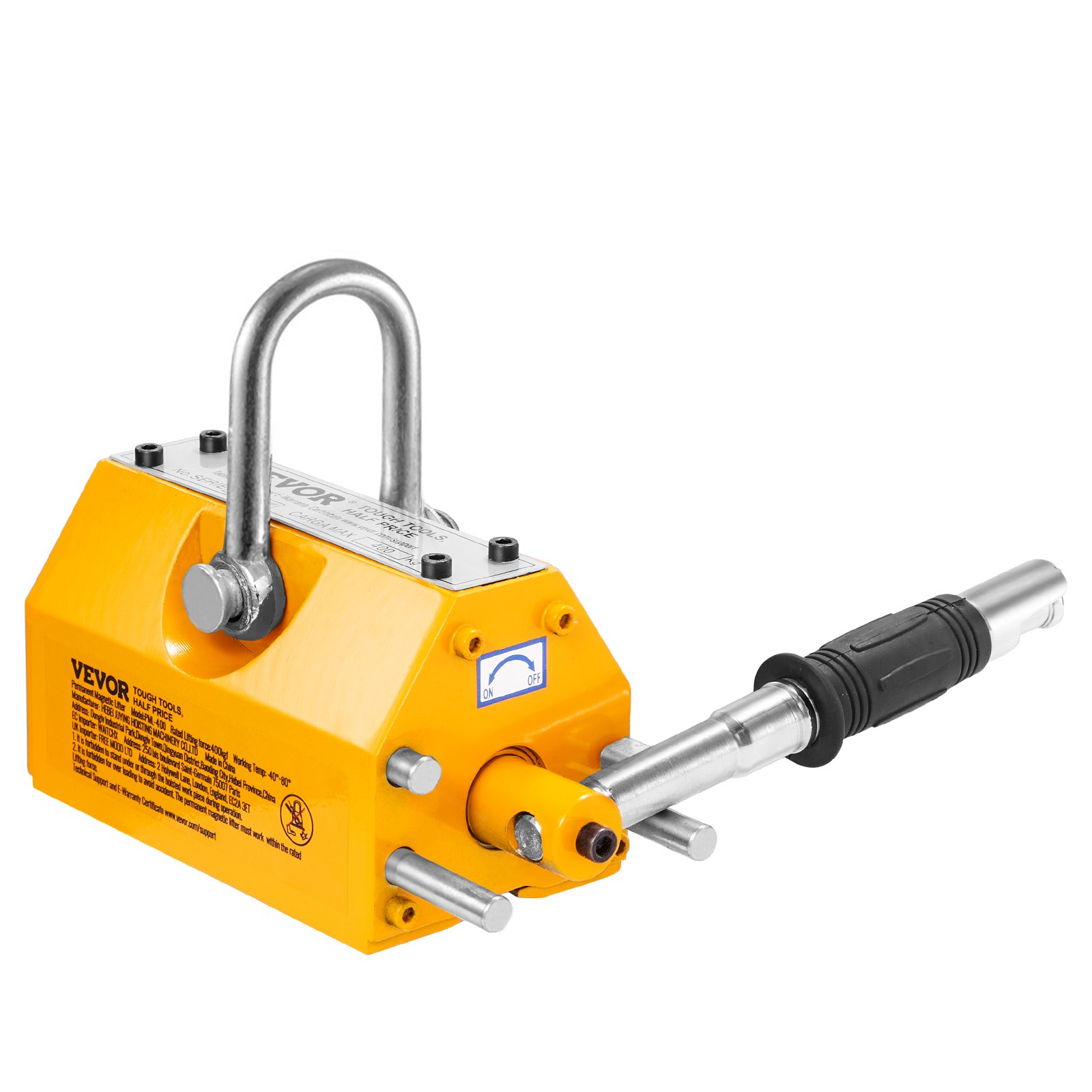 Elevador magnético VEVOR amarillo con asa, gancho y panel de control detallado.