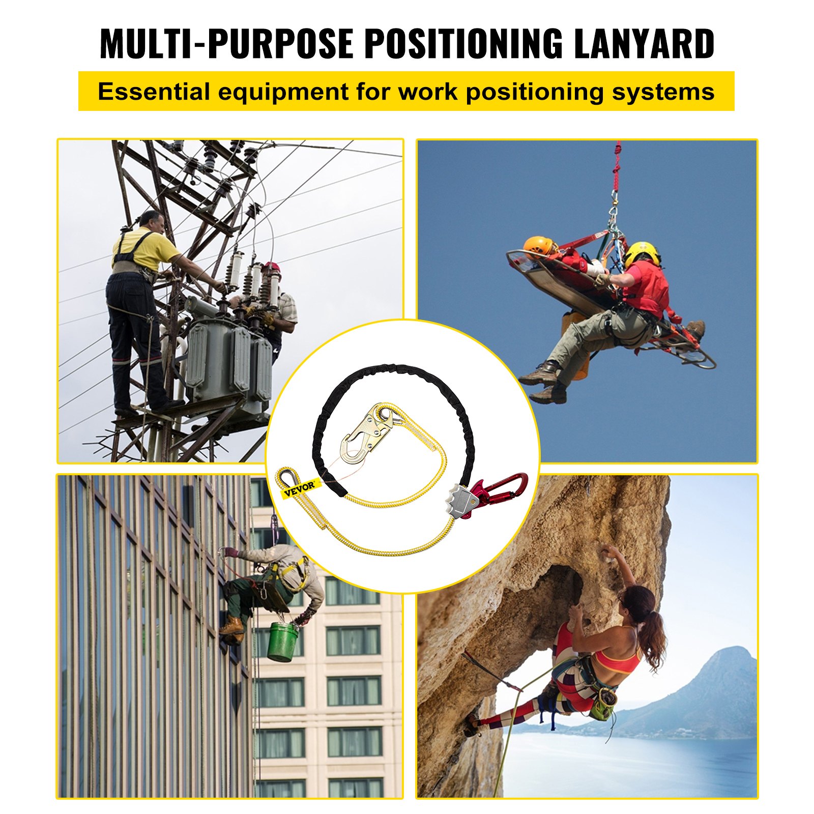 Cordón de posicionamiento VEVOR, cuerda de posicionamiento de 1/2 pulgada x 10 pies, cordón de poliéster Arborist para escalador de árboles, cordón de posición de trabajo ajustable para protección contra caídas con agarre de cuerda, gancho a presión, anillo en D