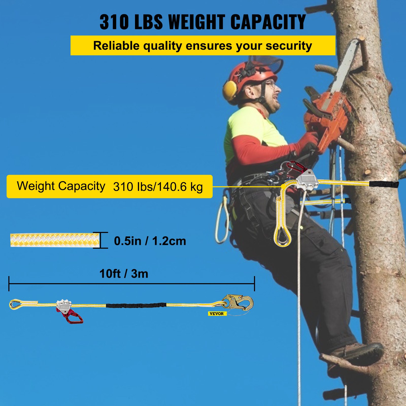 Cordón de posicionamiento VEVOR, cuerda de posicionamiento de 1/2 pulgada x 10 pies, cordón de poliéster Arborist para escalador de árboles, cordón de posición de trabajo ajustable para protección contra caídas con agarre de cuerda, gancho a presión, anillo en D