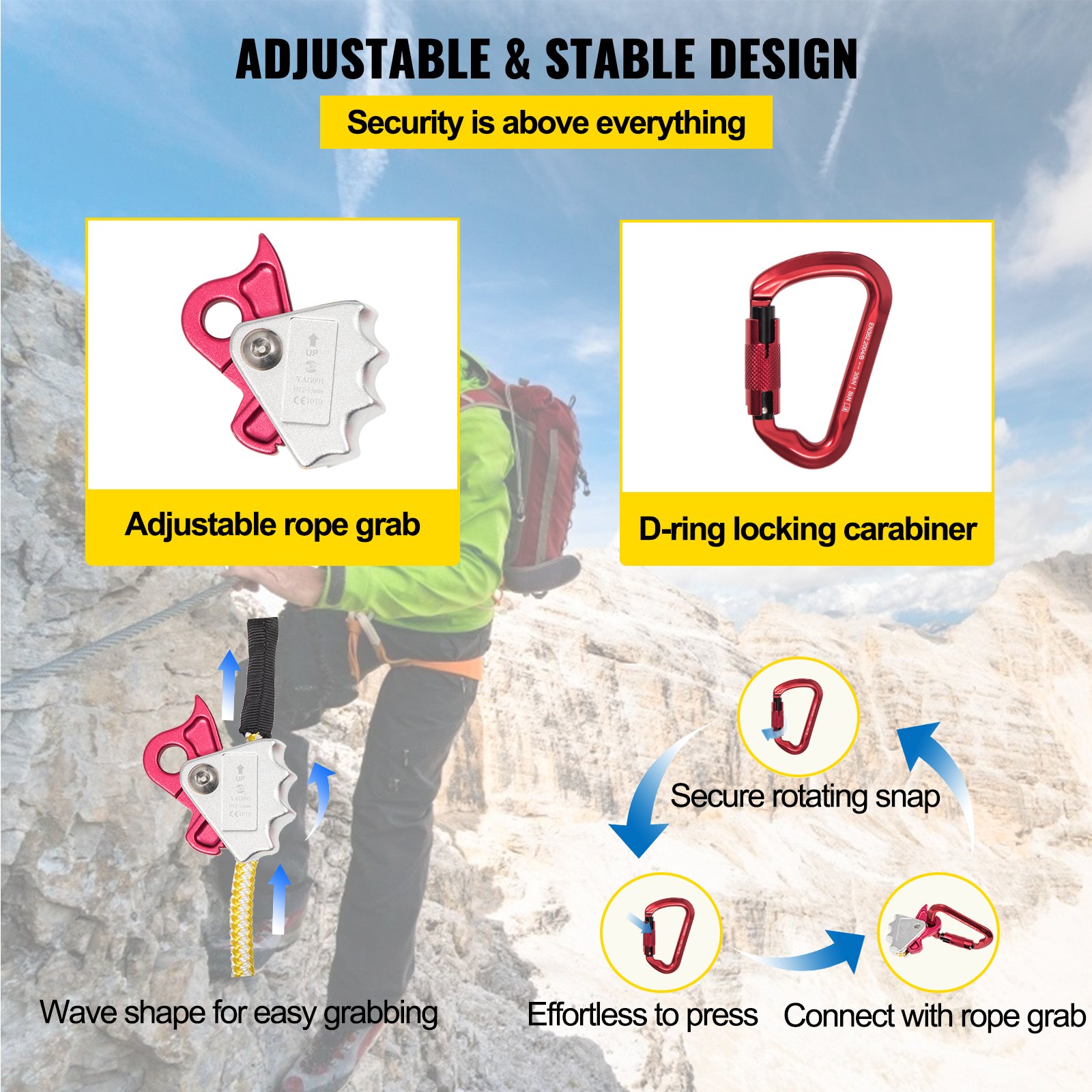 Cordón de posicionamiento VEVOR, cuerda de posicionamiento de 1/2 pulgada x 10 pies, cordón de poliéster Arborist para escalador de árboles, cordón de posición de trabajo ajustable para protección contra caídas con agarre de cuerda, gancho a presión, anillo en D