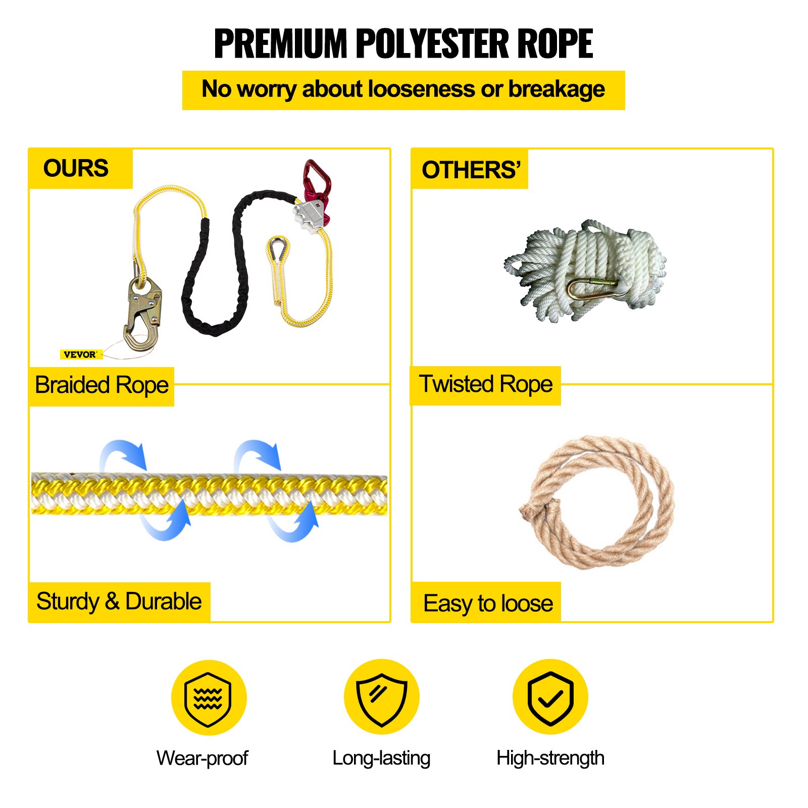 Cordón de posicionamiento VEVOR, cuerda de posicionamiento de 1/2 pulgada x 10 pies, cordón de poliéster Arborist para escalador de árboles, cordón de posición de trabajo ajustable para protección contra caídas con agarre de cuerda, gancho a presión, anillo en D