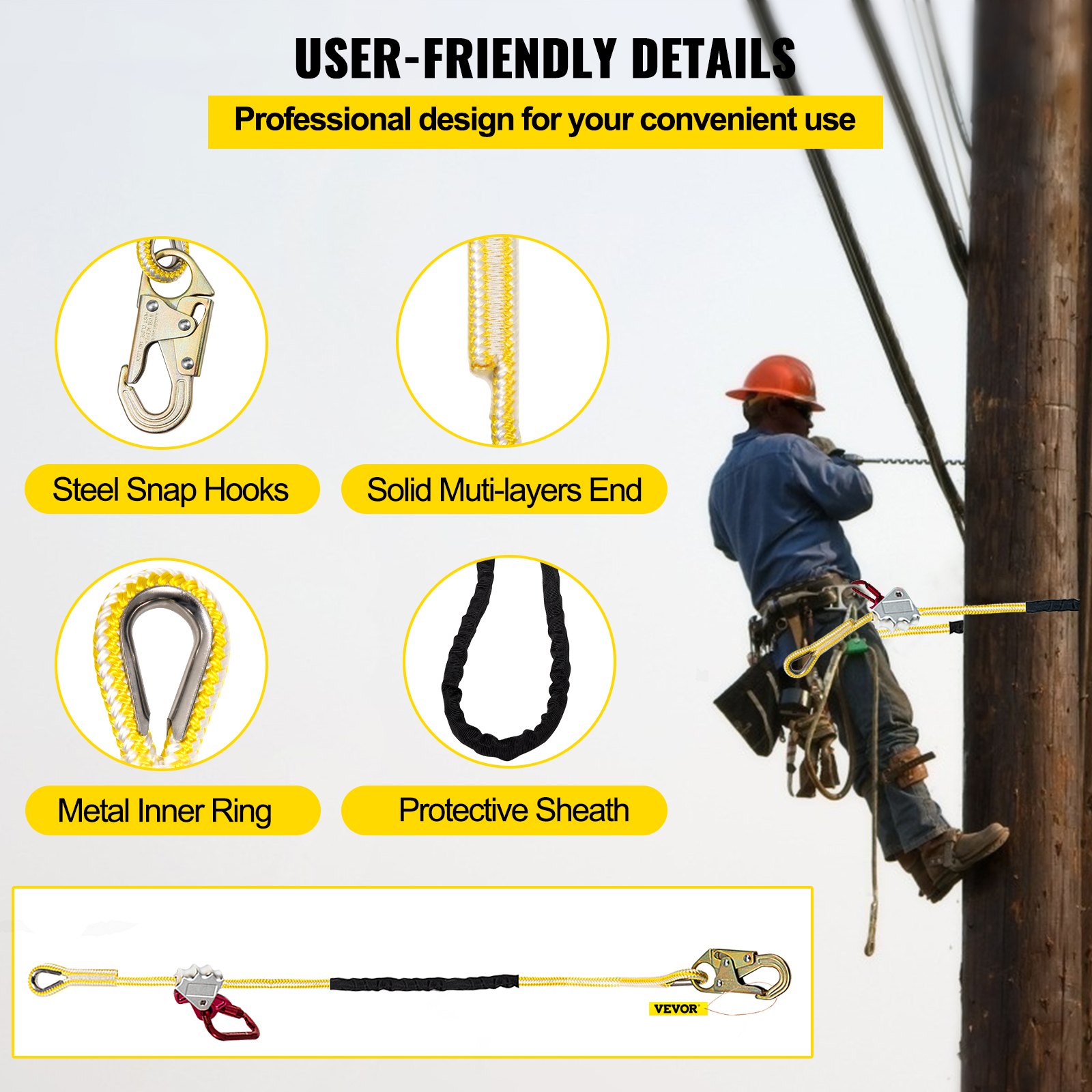 Cordón de posicionamiento VEVOR, cuerda de posicionamiento de 1/2 pulgada x 10 pies, cordón de poliéster Arborist para escalador de árboles, cordón de posición de trabajo ajustable para protección contra caídas con agarre de cuerda, gancho a presión, anillo en D