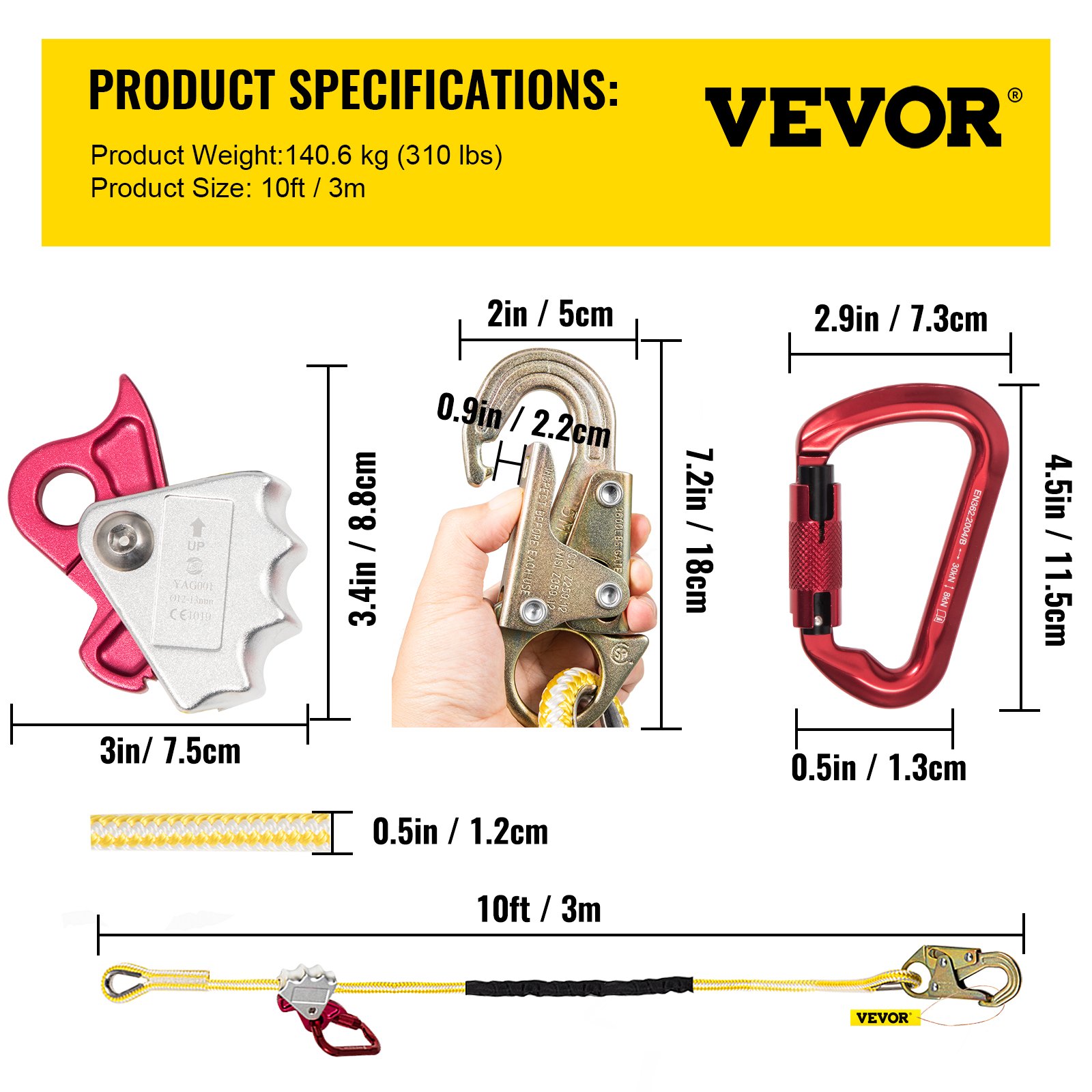 Cordón de posicionamiento VEVOR, cuerda de posicionamiento de 1/2 pulgada x 10 pies, cordón de poliéster Arborist para escalador de árboles, cordón de posición de trabajo ajustable para protección contra caídas con agarre de cuerda, gancho a presión, anillo en D