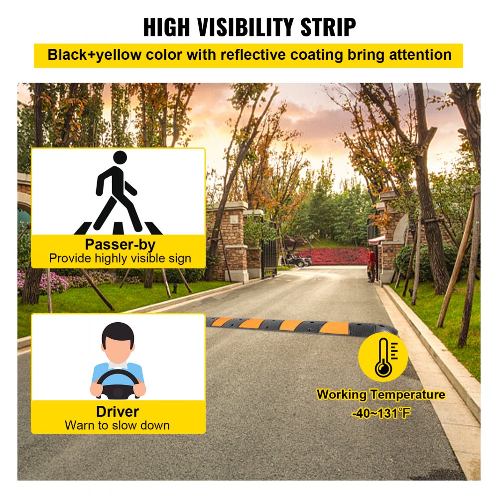 Reductor de velocidad de caucho VEVOR en carretera, de color negro y amarillo con revestimiento reflectante.