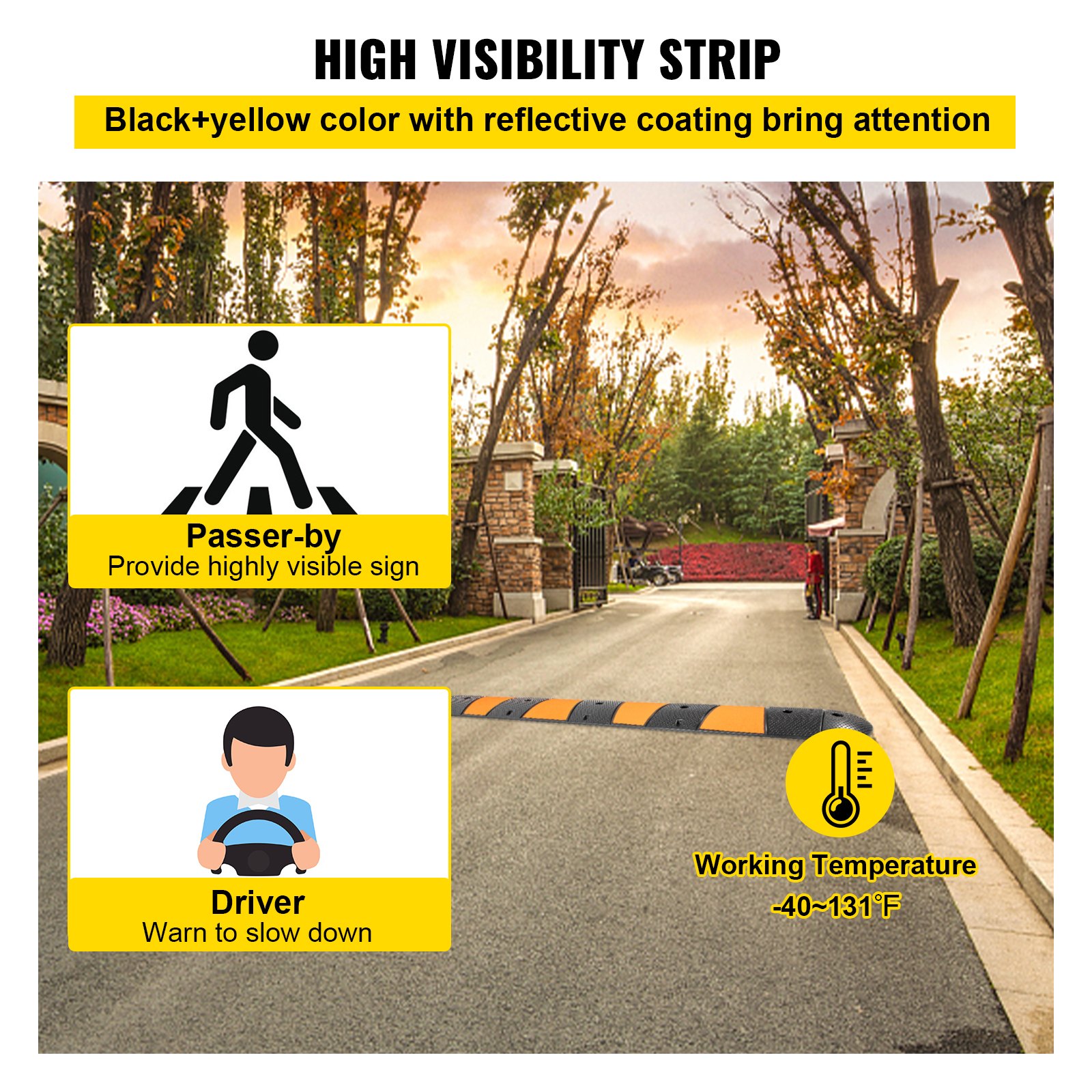 Reductor de velocidad de caucho VEVOR en carretera, de color negro y amarillo con revestimiento reflectante.