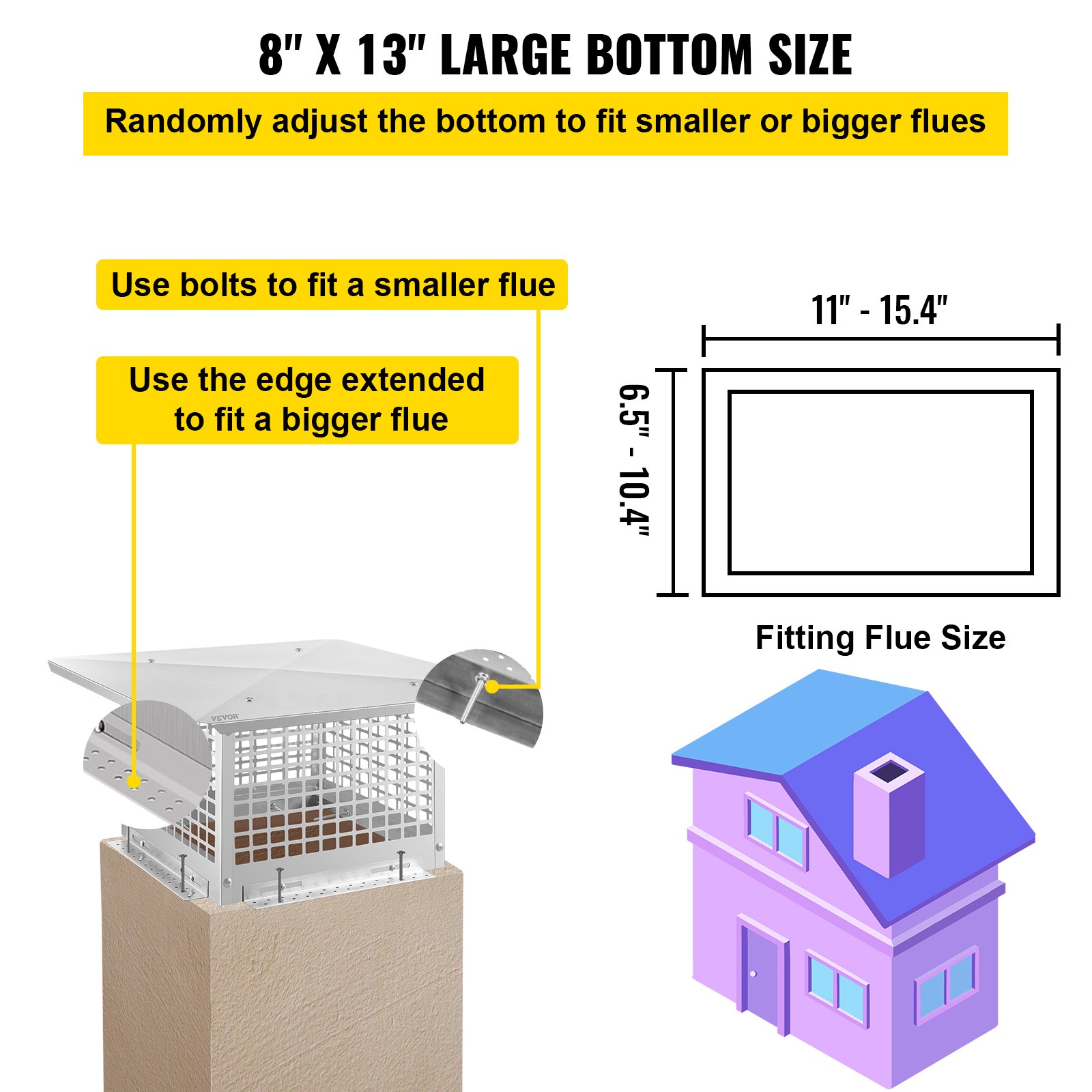 VEVOR Tapa para Chimenea, Tapas para Chimenea de 8\" x 13\", Cubierta para Chimenea de Acero Inoxidable 304, Parachispas de Metal Ajustable con Tornillos, Cubierta de Malla para Chimenea para Azulejos de Arcilla