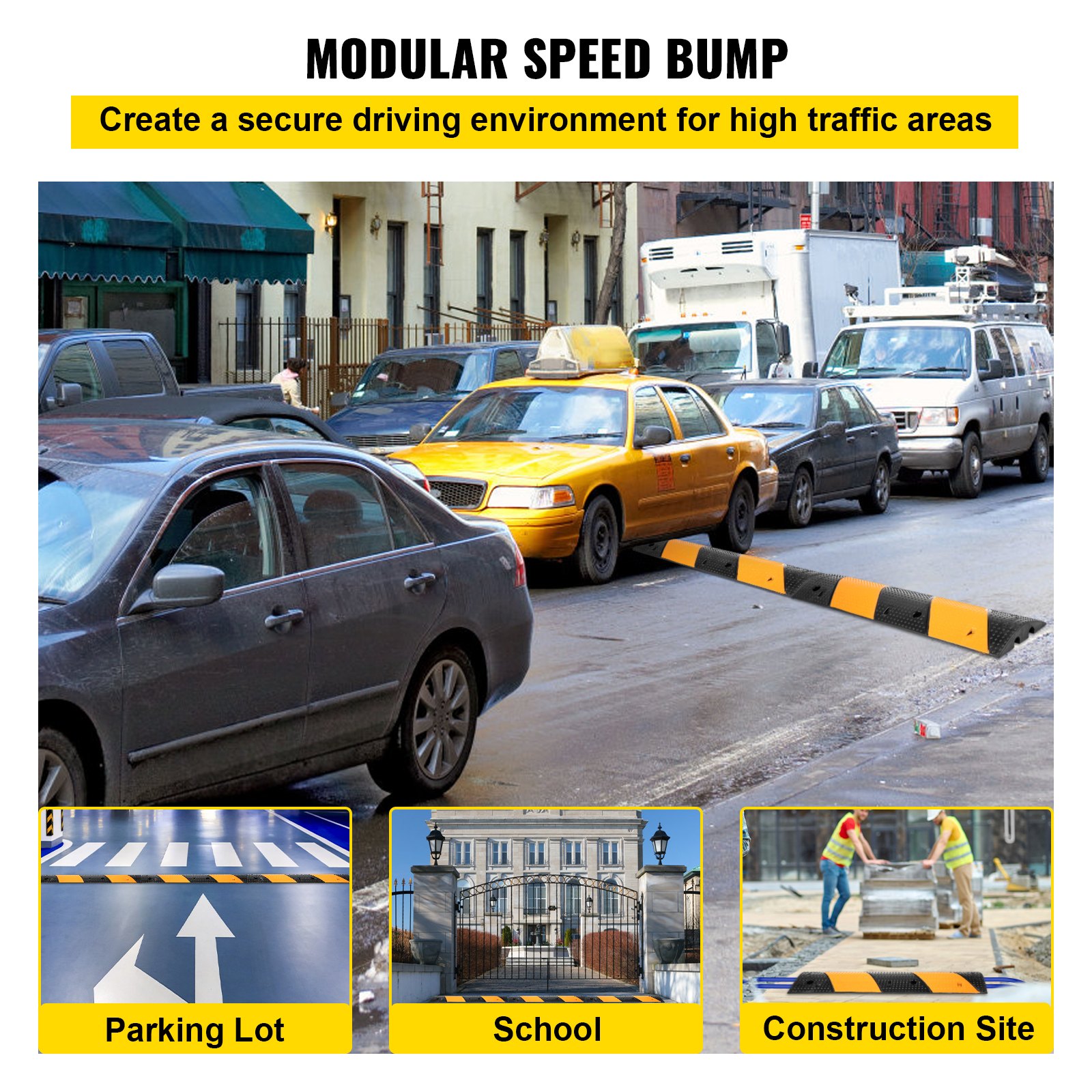 Reductor de velocidad de caucho VEVOR instalado en una calle urbana muy transitada.