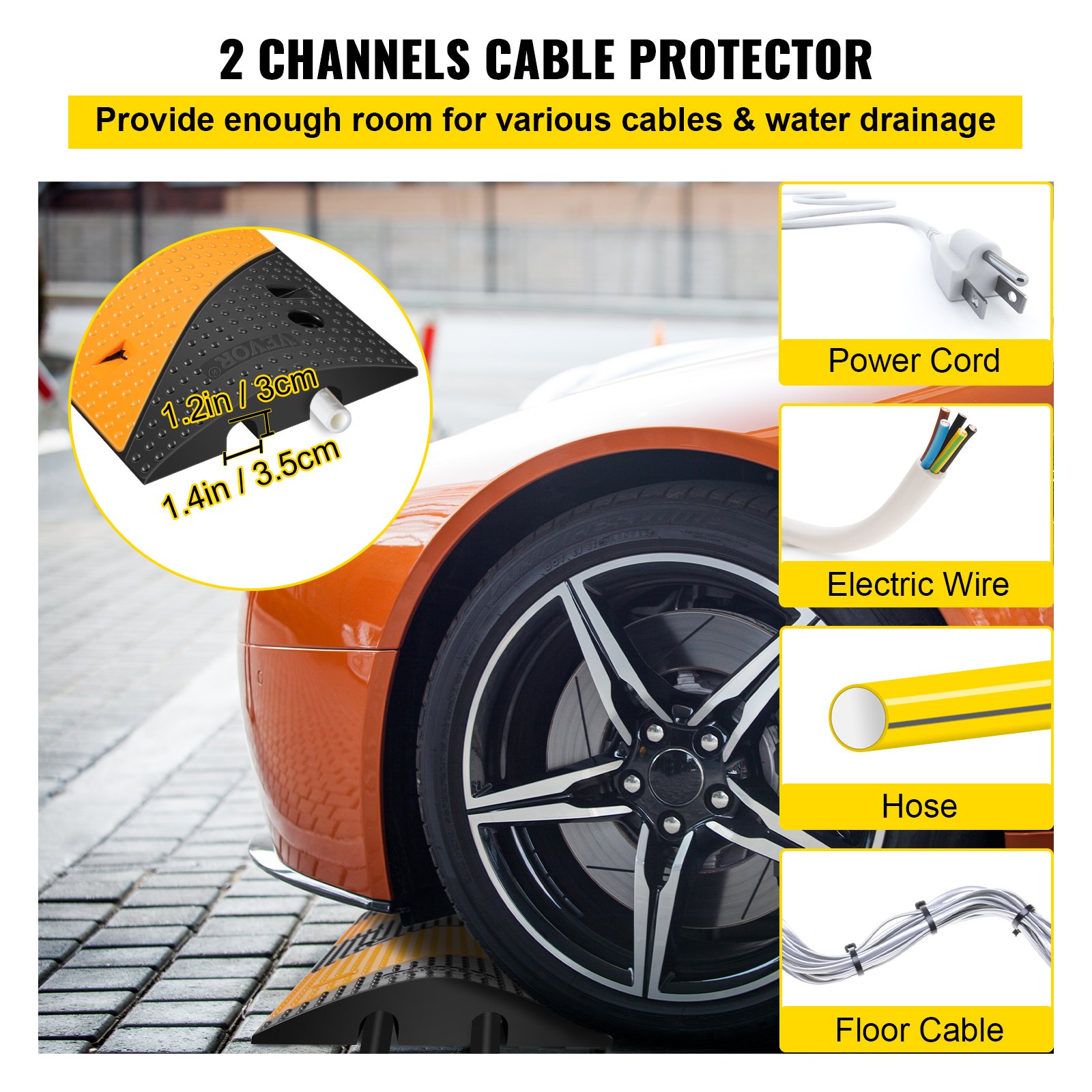 Reductor de velocidad de goma VEVOR con protector de cable de 2 canales debajo de un coche aparcado.