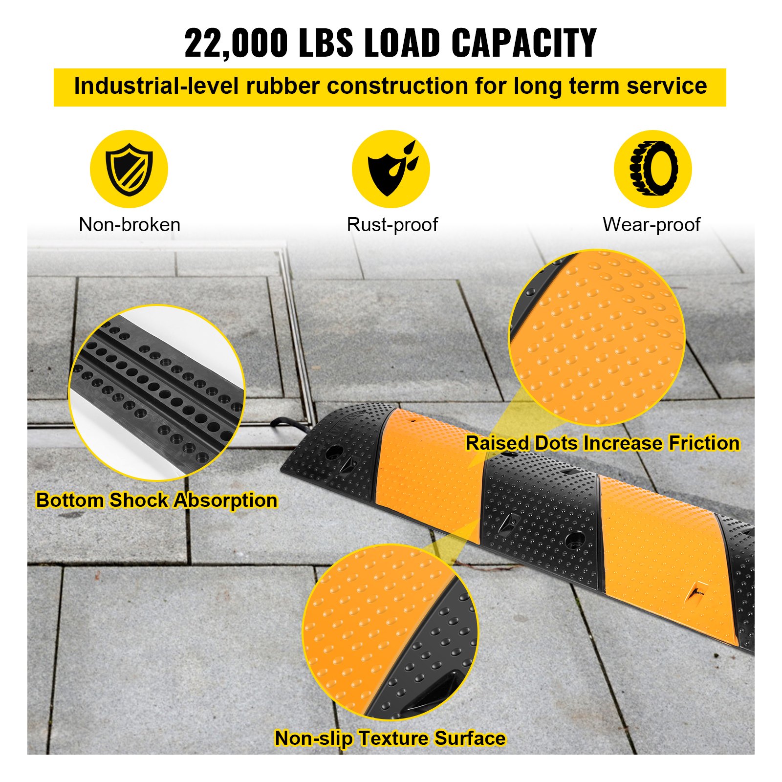 Tope de velocidad de caucho VEVOR con puntos en relieve, textura antideslizante y absorción de impactos.