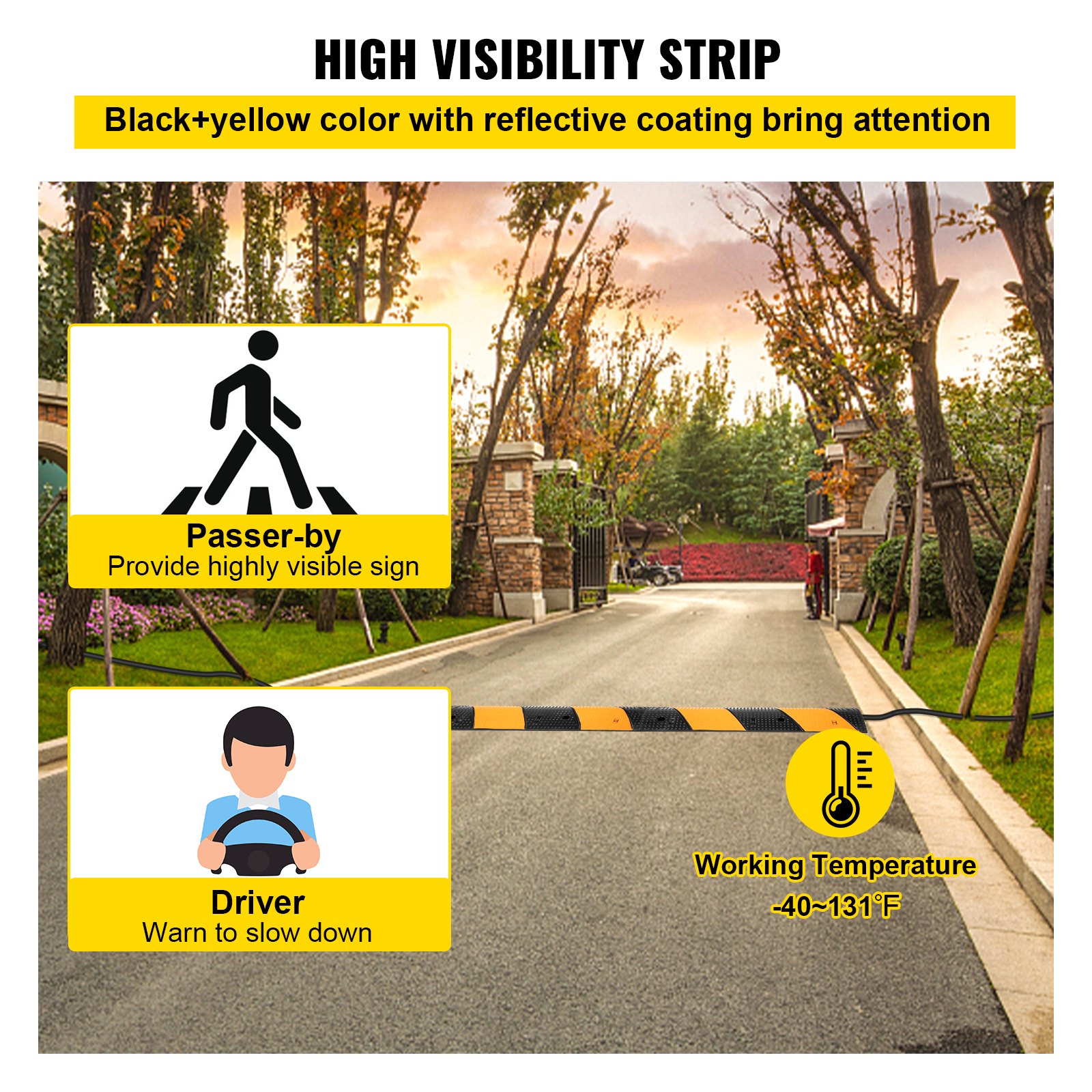 Reductor de velocidad de caucho VEVOR: franja de alta visibilidad en color amarillo y negro.