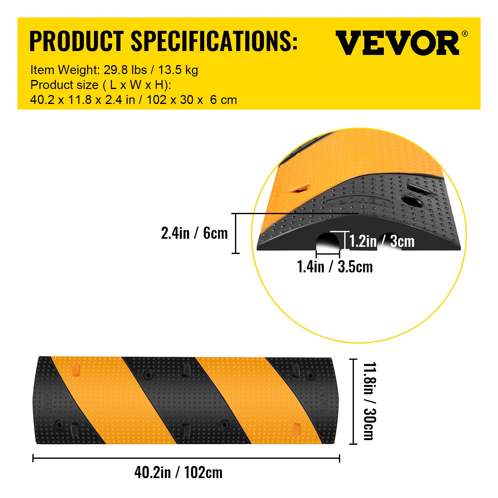 Especificaciones del tope de velocidad de caucho VEVOR: peso 29,8 libras, tamaño 40,2 x 11,8 x 2,4 pulgadas.