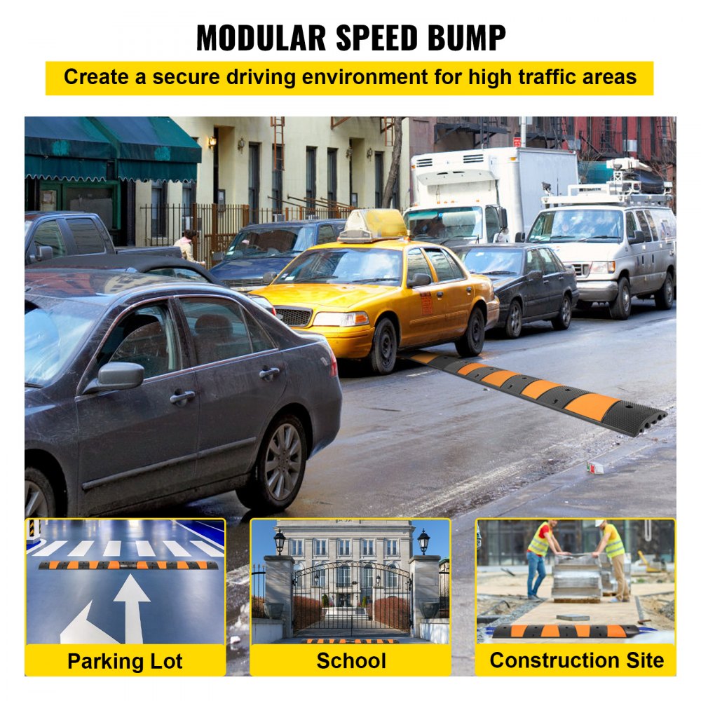 Reductor de velocidad de goma VEVOR en una calle muy transitada con coches y casos de uso adicionales.