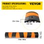 Especificaciones del tope de velocidad de caucho VEVOR: 72,8 x 12,2 x 2,2 pulgadas, peso 59 libras, segmentos alternados de color naranja y negro.