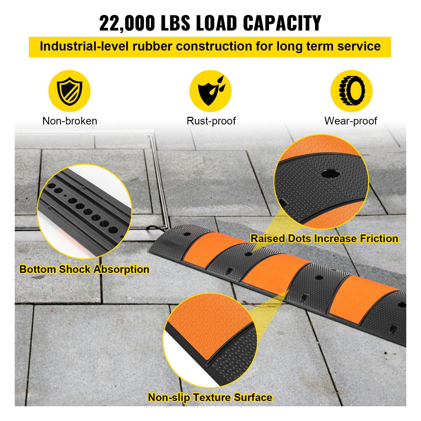 Reductor de velocidad de caucho VEVOR con puntos en relieve, textura antideslizante y capacidad de carga de 22 000 libras.