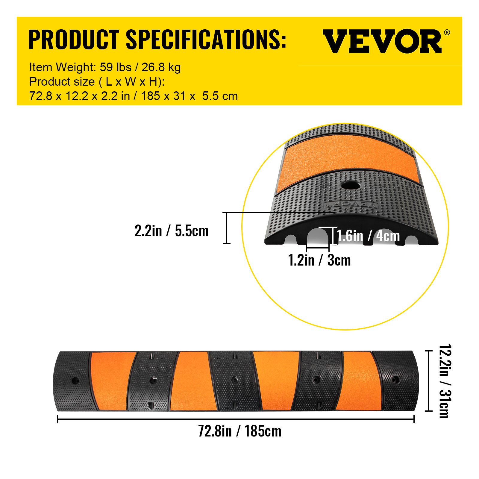 Especificaciones del tope de velocidad de caucho VEVOR: 72,8 x 12,2 x 2,2 pulgadas, peso 59 libras, segmentos alternados de color naranja y negro.