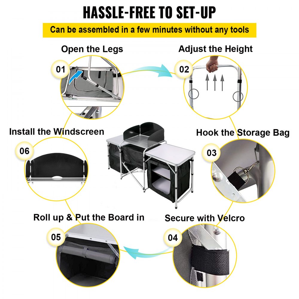 Mesa de cocina para acampar VEVOR, plegable y portátil de aluminio con parabrisas, organizador de almacenamiento, instalación rápida para picnics al aire libre, fiestas en la playa, color negro