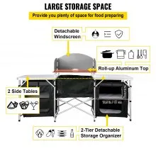 VEVOR Mesa de cocina de camping, mesa plegable portátil de aluminio con parabrisas, organizador de almacenamiento, instalación rápida para picnic al aire libre, playa, fiesta, cocina, color negro