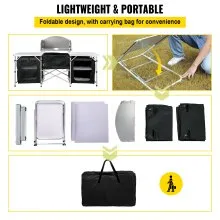VEVOR Mesa de cocina de camping, mesa plegable portátil de aluminio con parabrisas, organizador de almacenamiento, instalación rápida para picnic al aire libre, playa, fiesta, cocina, color negro