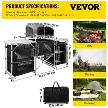VEVOR Mesa de cocina de camping, mesa plegable portátil de aluminio con parabrisas, organizador de almacenamiento, instalación rápida para picnic al aire libre, playa, fiesta, cocina, color negro