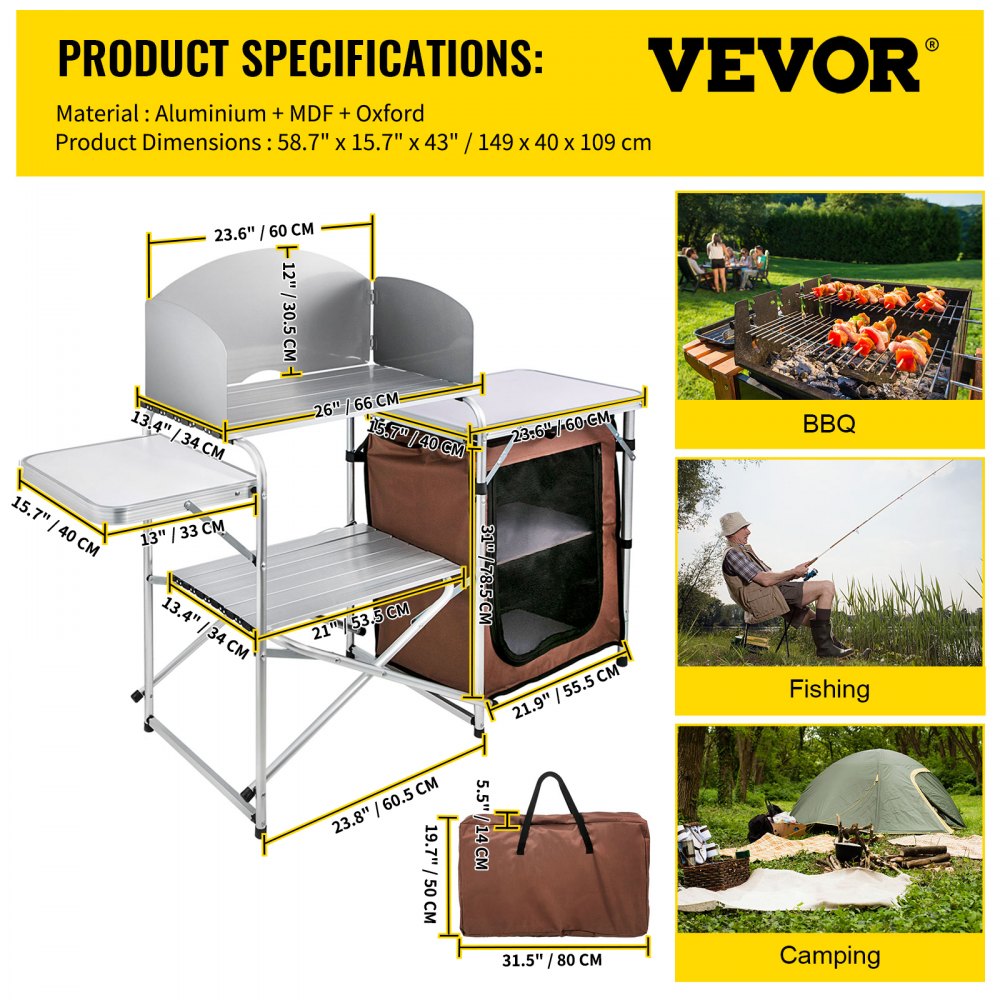 Mesa de cocina para camping VEVOR con escenas de barbacoa, pesca y acampada.
