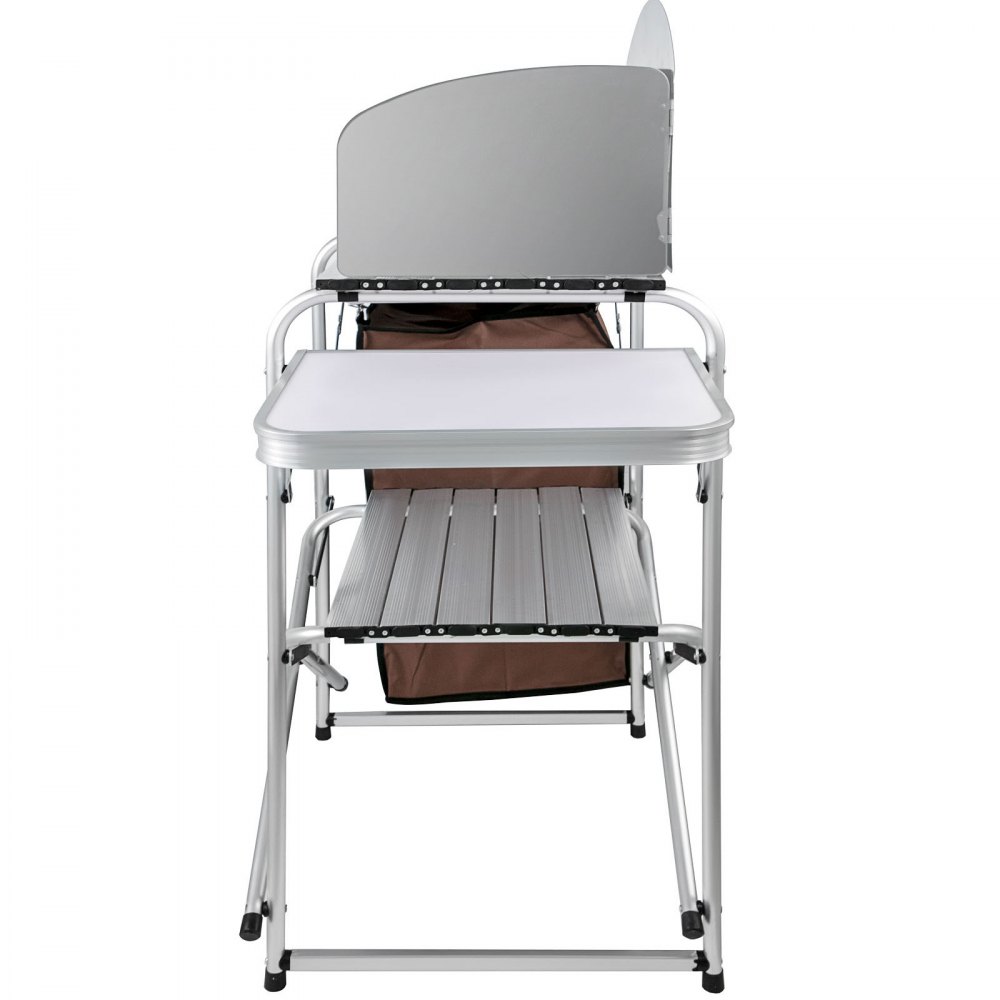 Mesa de cocina de camping portátil VEVOR con estantes plegables y bolsa de almacenamiento.