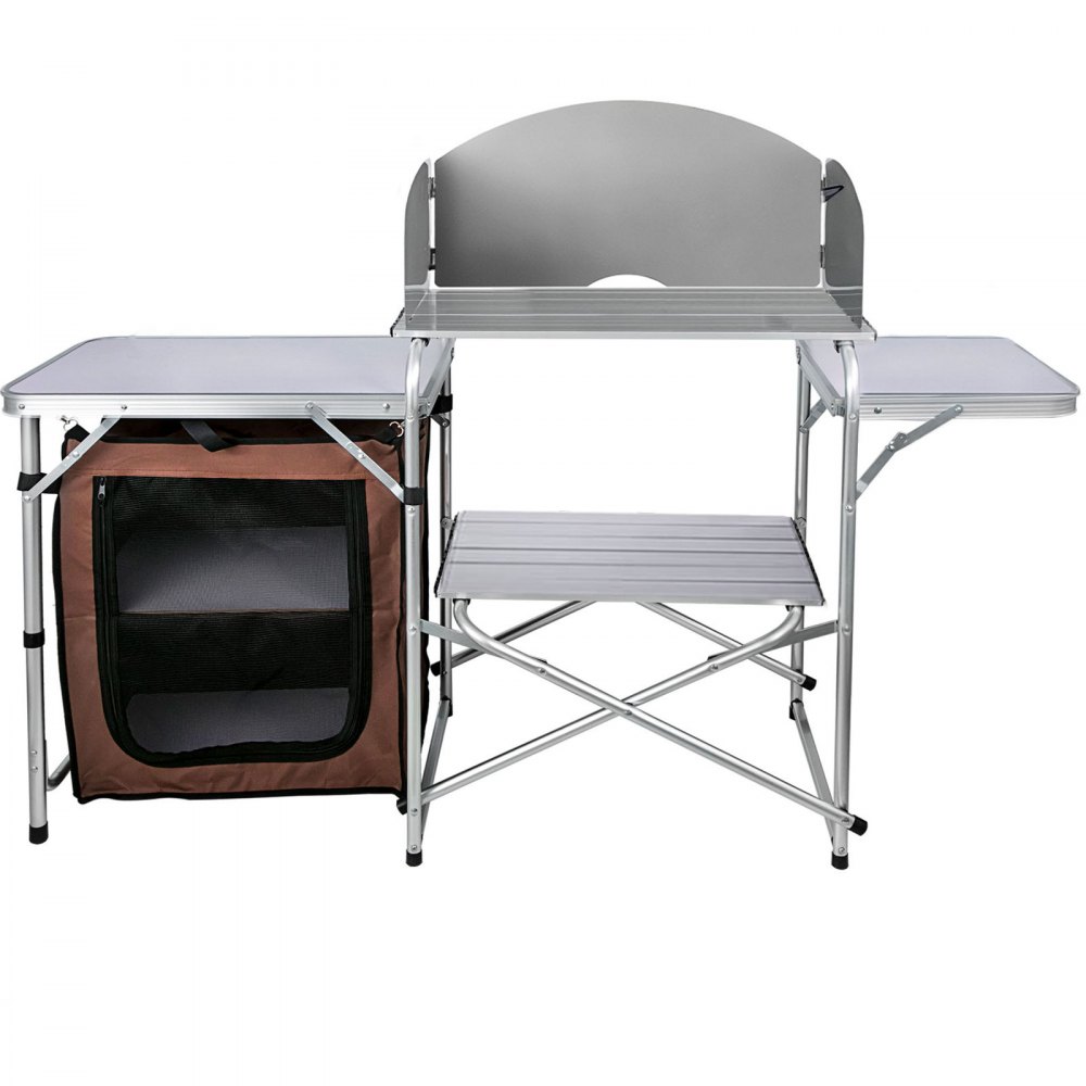 Mesa de cocina de camping VEVOR con compartimento de almacenamiento y estantes laterales.