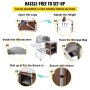 Guía de instalación de la mesa de cocina para acampar VEVOR con pasos: ajustar la altura, enganchar la bolsa, instalar el parabrisas.