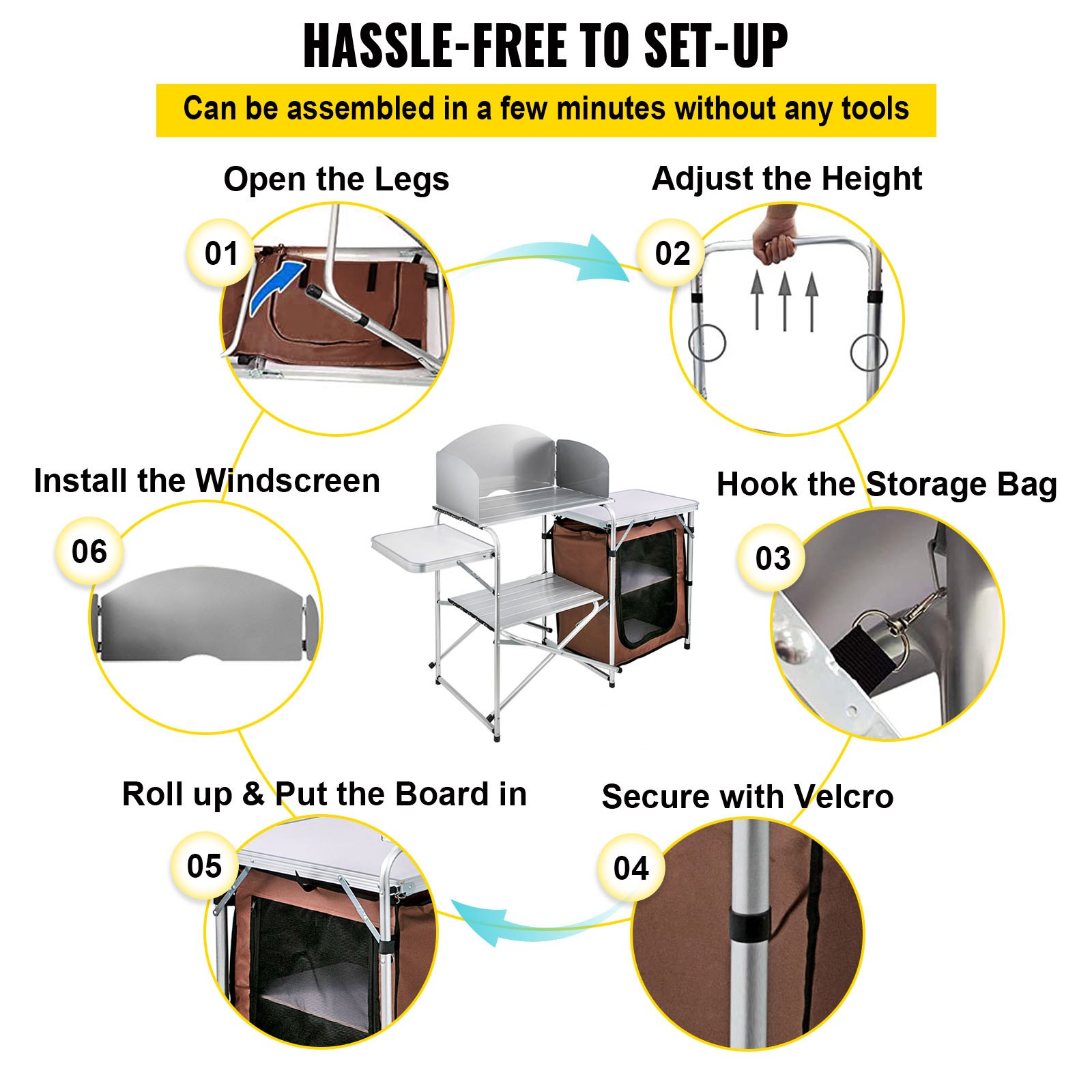 Guía de instalación de la mesa de cocina para acampar VEVOR con pasos: ajustar la altura, enganchar la bolsa, instalar el parabrisas.