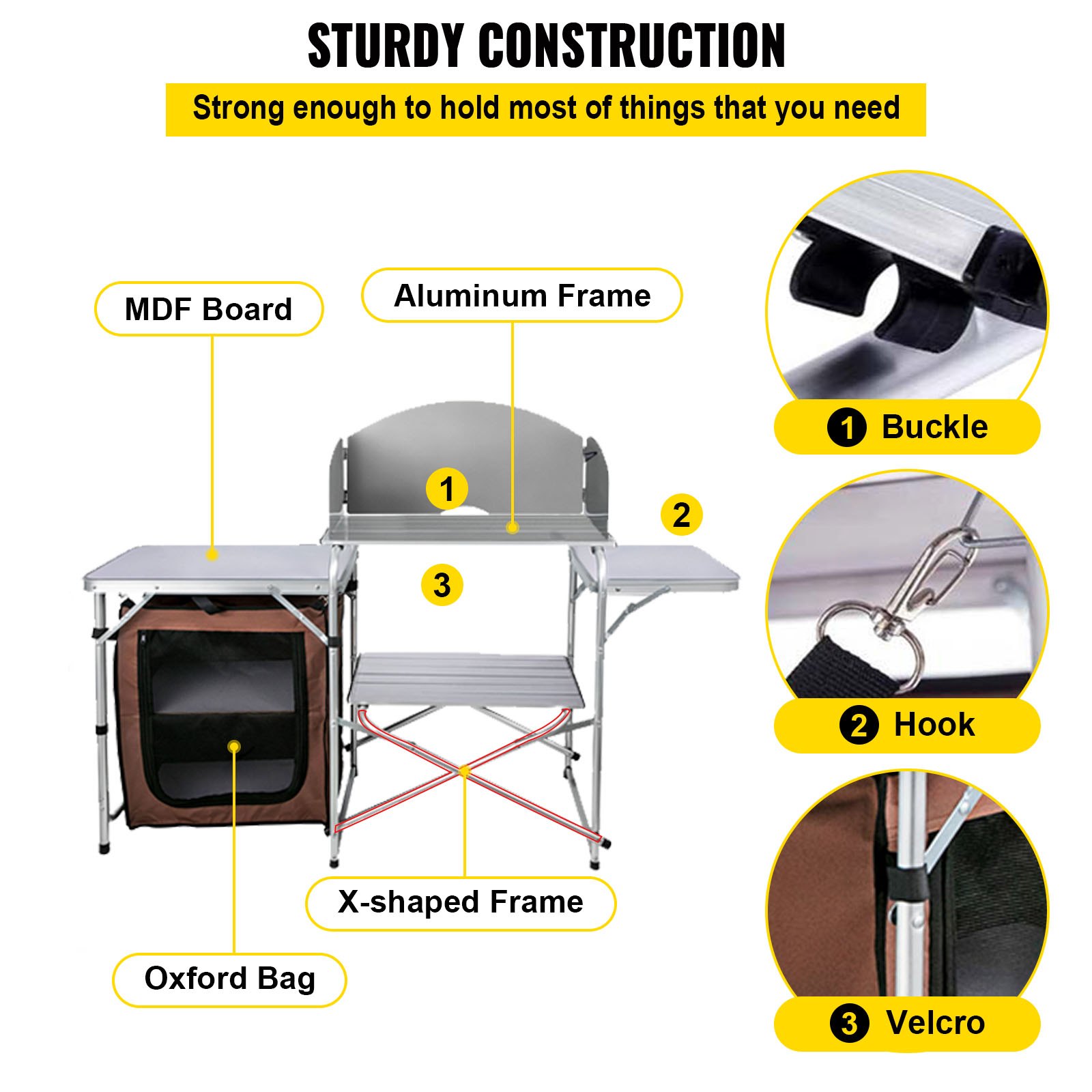 Mesa de cocina para camping VEVOR con tablero MDF, marco de aluminio y bolsa Oxford, construcción resistente.