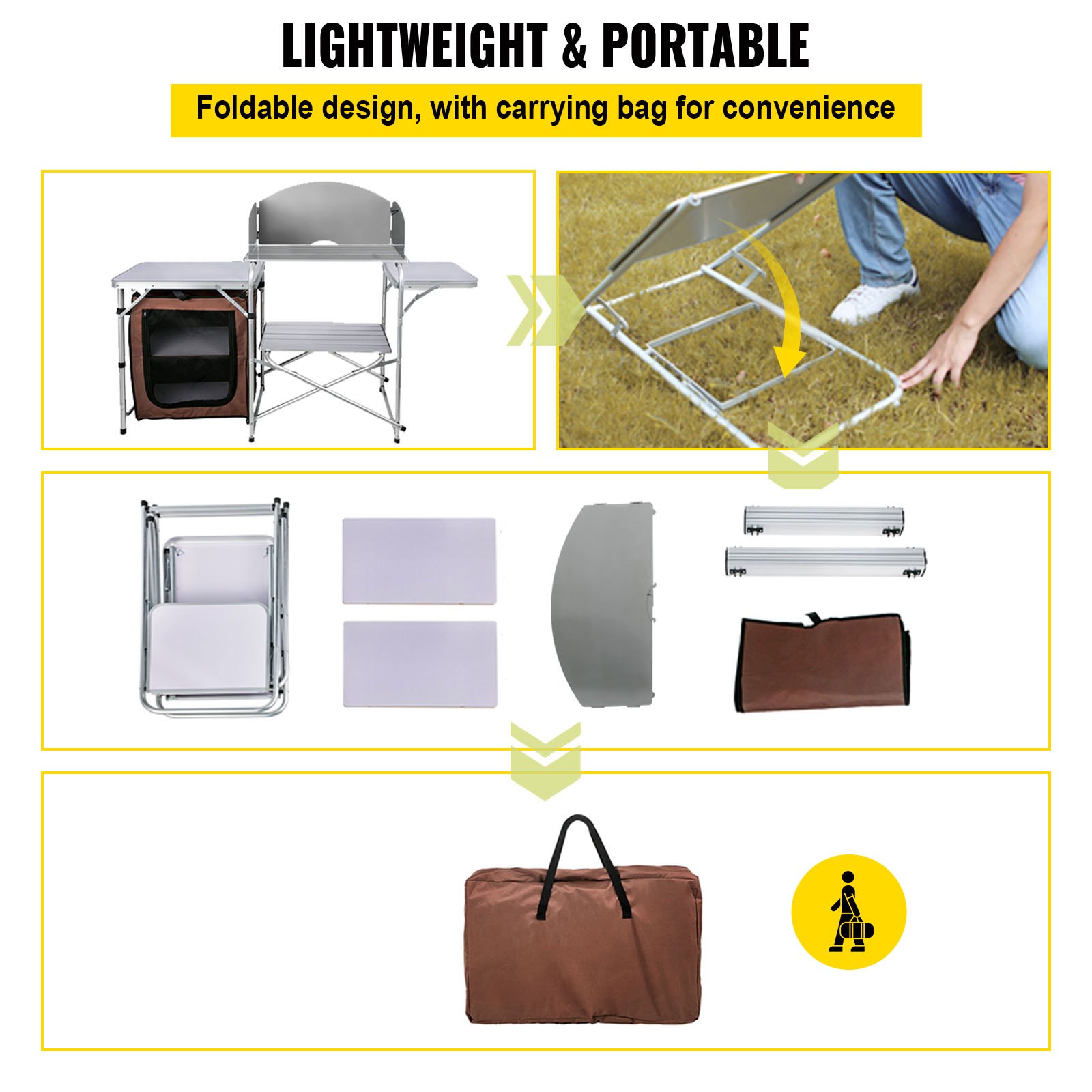 Mesa de cocina de camping VEVOR plegada, ensamblada y en una bolsa de transporte. Ligera y portátil.