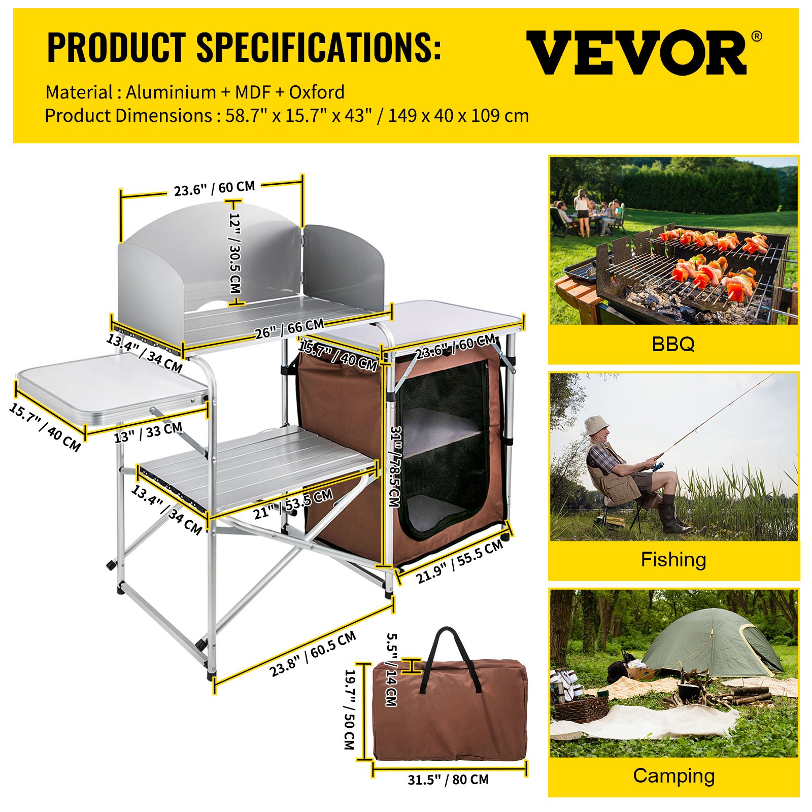 Mesa de cocina para camping VEVOR con escenas de barbacoa, pesca y acampada.