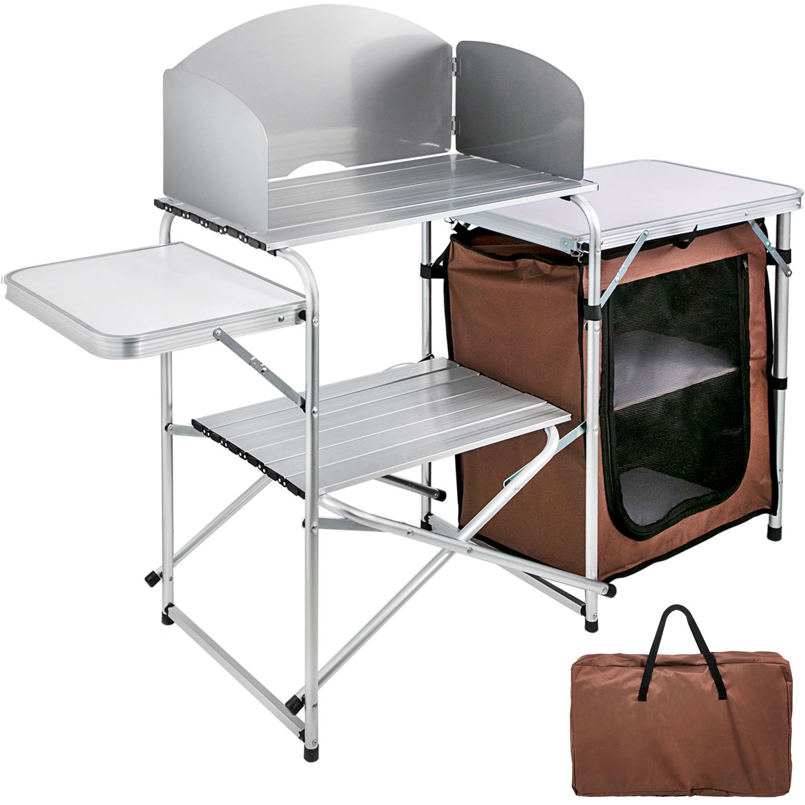 Mesa de cocina de camping VEVOR con encimeras de aluminio, mesa auxiliar y estante de almacenamiento.