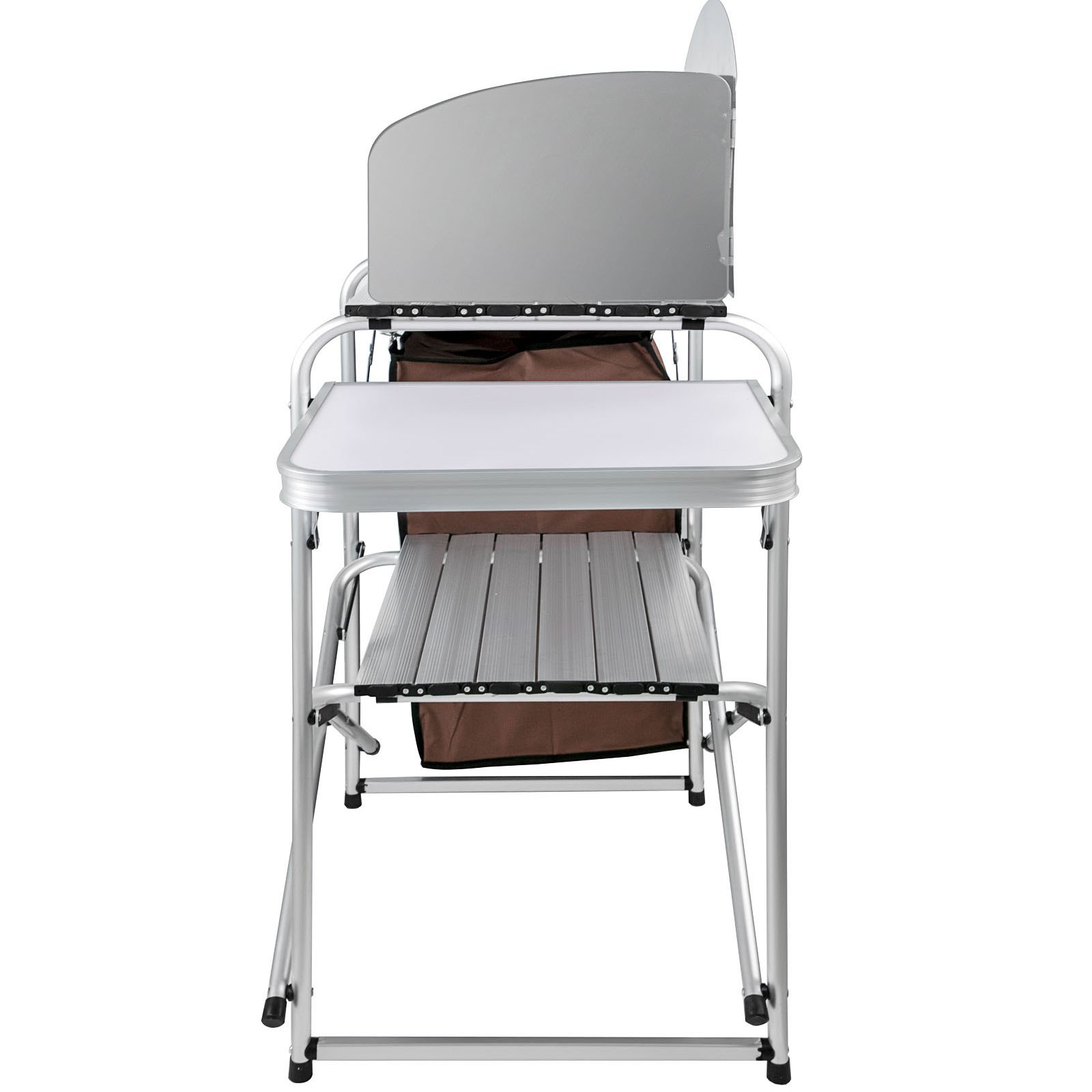 Mesa de cocina de camping portátil VEVOR con estantes plegables y bolsa de almacenamiento.