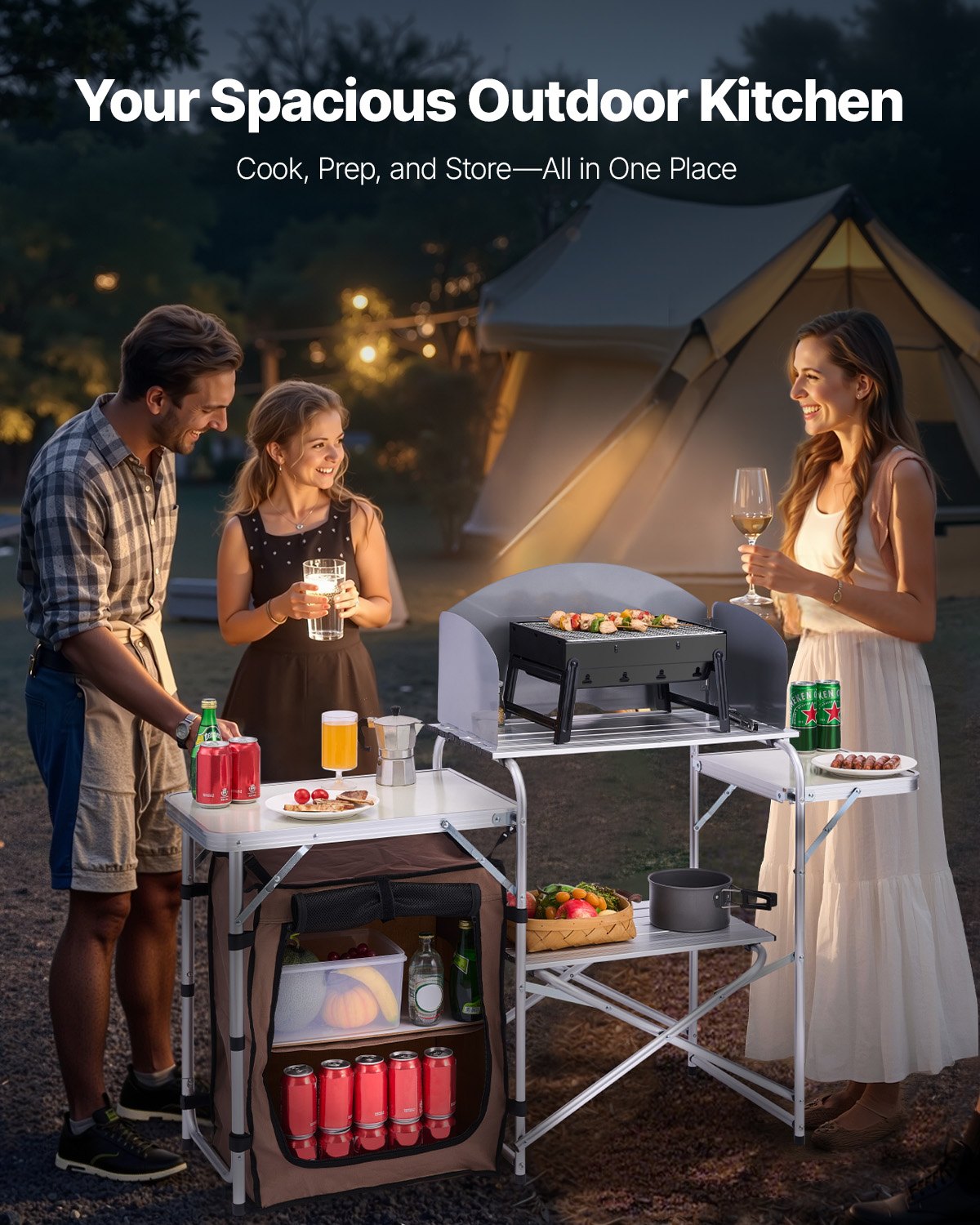 VEVOR Mueble Cocina Al Aire Libre Camping Plegable Mesa de 2 Niveles 9,5 kg