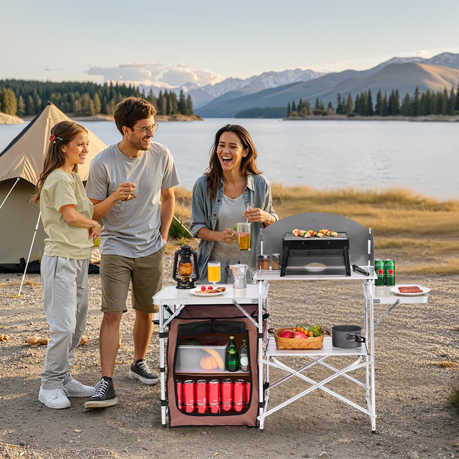 VEVOR Mueble Cocina Al Aire Libre Camping Plegable Mesa de 2 Niveles 9,5 kg