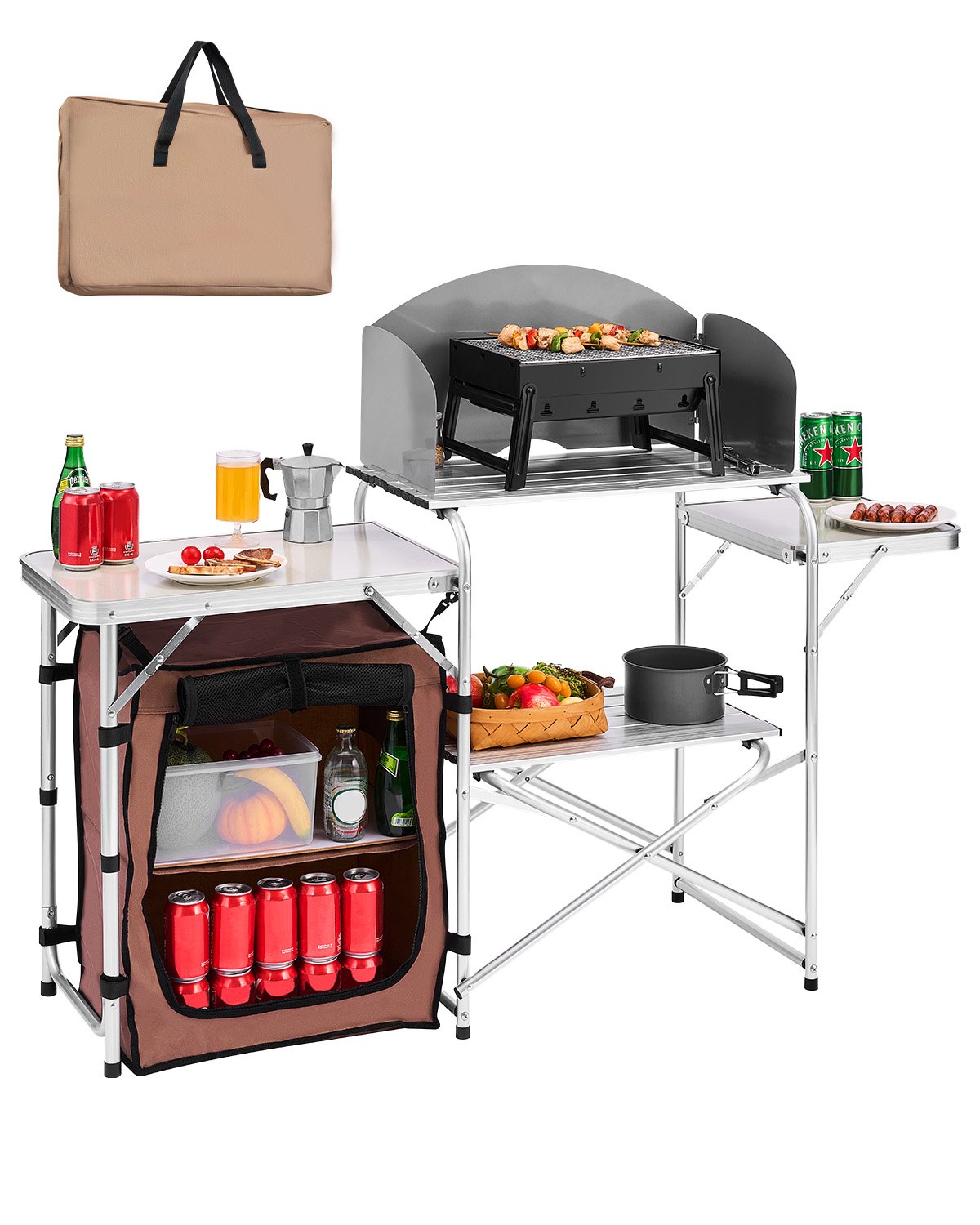 VEVOR Mueble Cocina Al Aire Libre Camping Plegable Mesa de 2 Niveles 9,5 kg