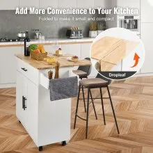 VEVOR Carro de isla de cocina con tapa de madera maciza, carros móviles de 35.4 pulgadas de ancho con gabinete de almacenamiento, mesa de cocina rodante con especiero, toallero, hoja abatible y cajón,