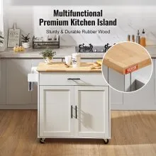 VEVOR Carro de isla de cocina con tapa de madera maciza, carros móviles de 35.4 pulgadas de ancho con gabinete de almacenamiento, mesa de cocina rodante con especiero, toallero, hoja abatible y cajón,