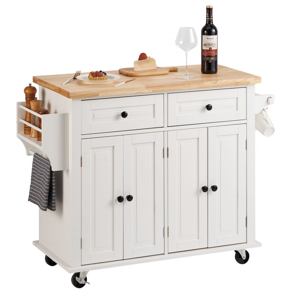 Carrito de isla de cocina VEVOR blanco con botellas de vino, queso, utensilios, estante para especias y toalla sobre ruedas.