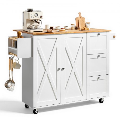 Carrito de isla de cocina VEVOR con encimera de madera maciza, 114 cm de ancho. Carritos móviles con armario de almacenamiento, mesa de cocina rodante con especiero, toallero, extensión y cajón. Islas portátiles sobre ruedas, color blanco.