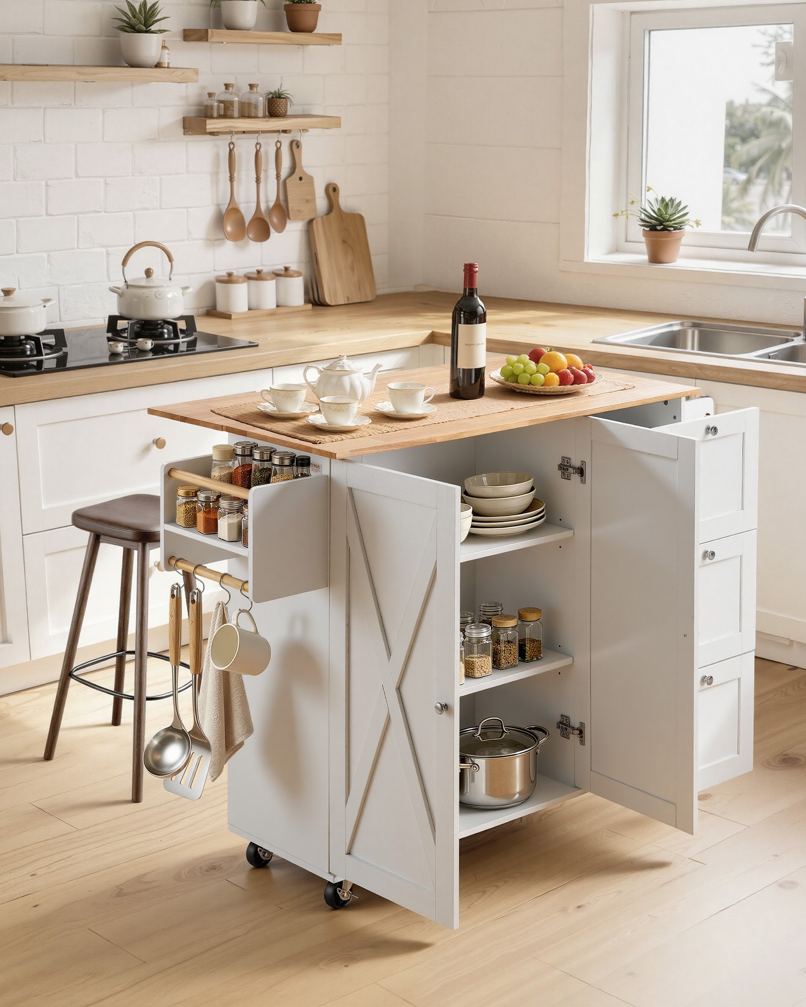 Carrito de isla de cocina VEVOR con encimera de madera maciza, 114 cm de ancho. Carritos móviles con armario de almacenamiento, mesa de cocina rodante con especiero, toallero, extensión y cajón. Islas portátiles sobre ruedas, color blanco.