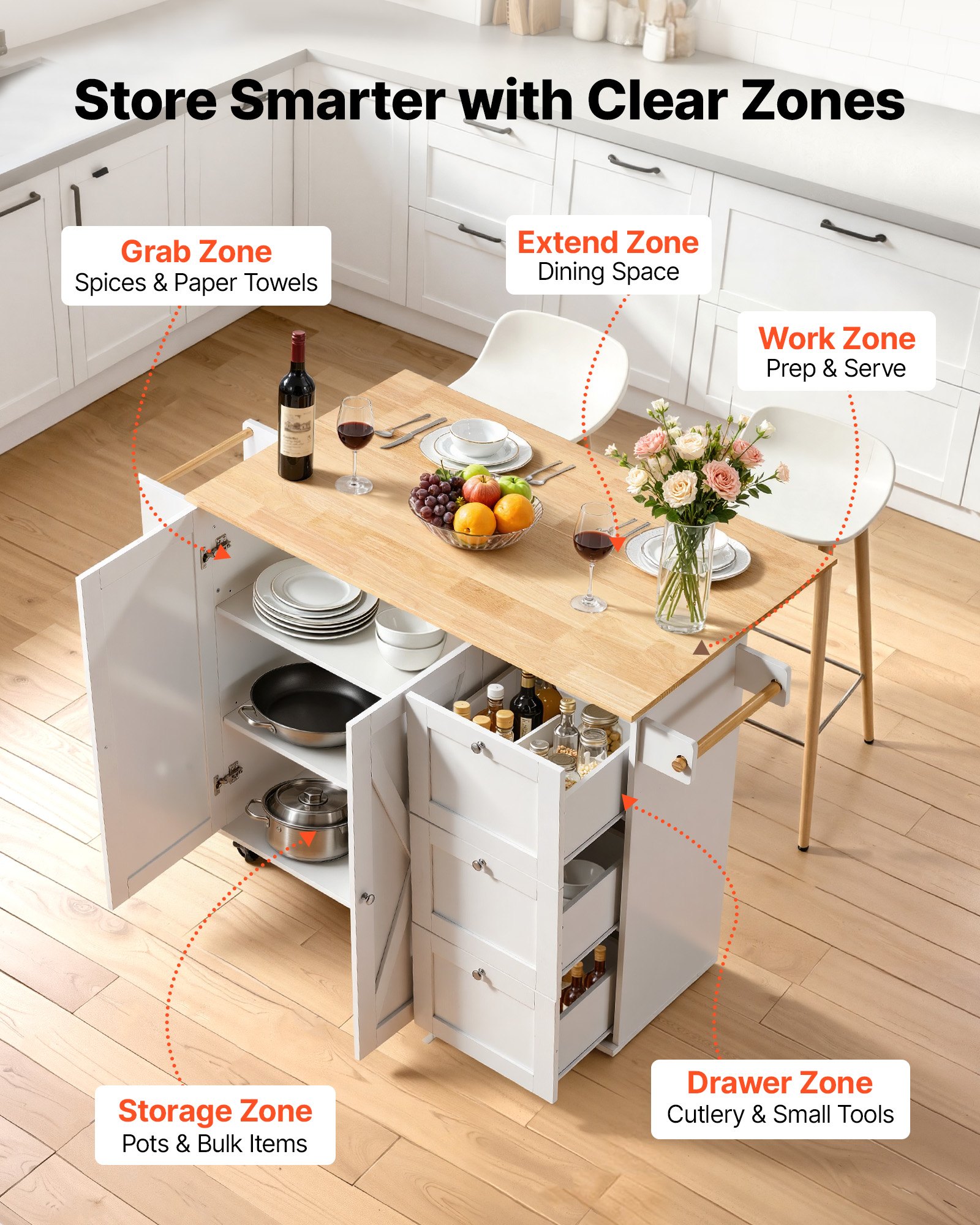 Carrito de isla de cocina VEVOR con encimera de madera maciza, 114 cm de ancho. Carritos móviles con armario de almacenamiento, mesa de cocina rodante con especiero, toallero, extensión y cajón. Islas portátiles sobre ruedas, color blanco.